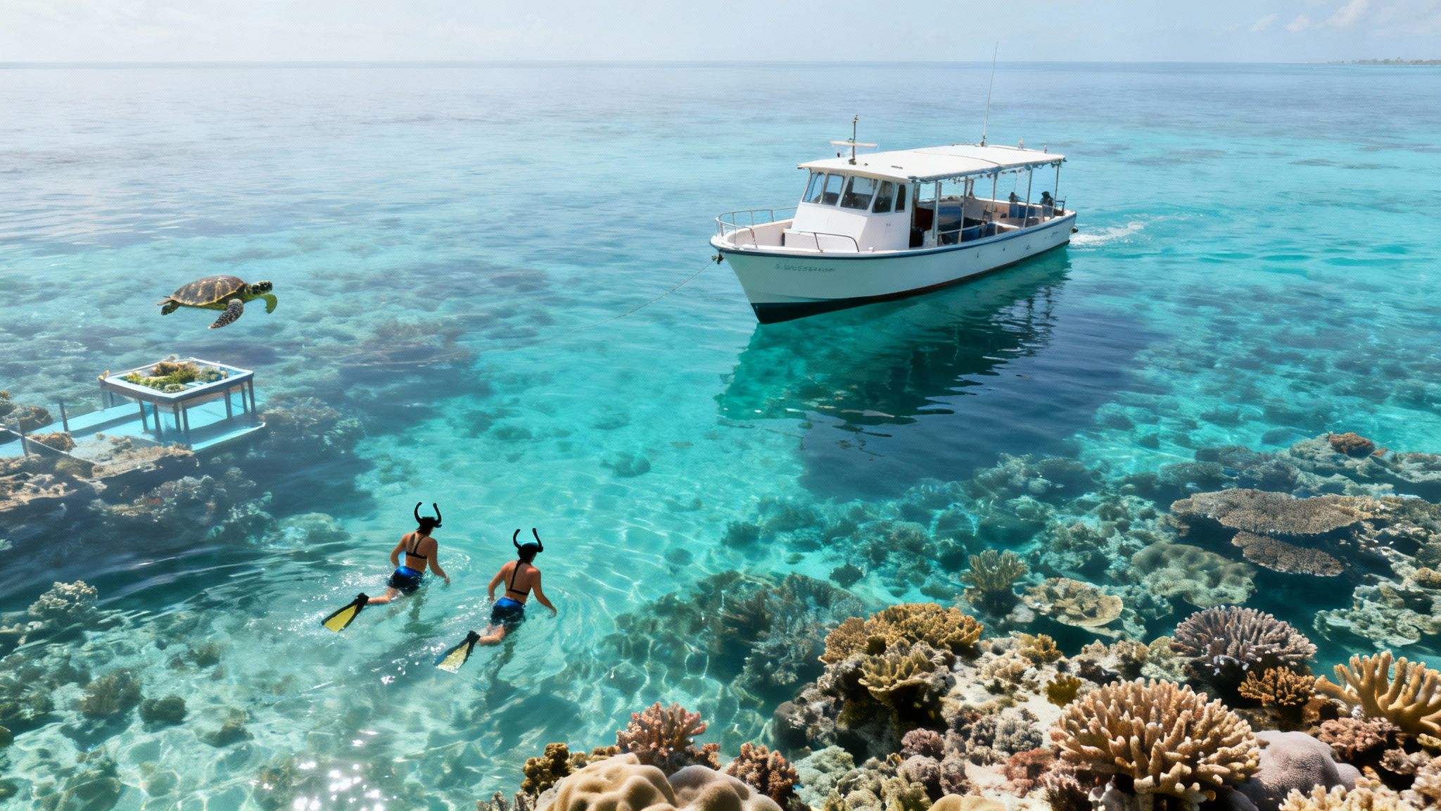 Two people snorkeling in clear blue tropical water with a boat, sea turtle, and vibrant coral reef.