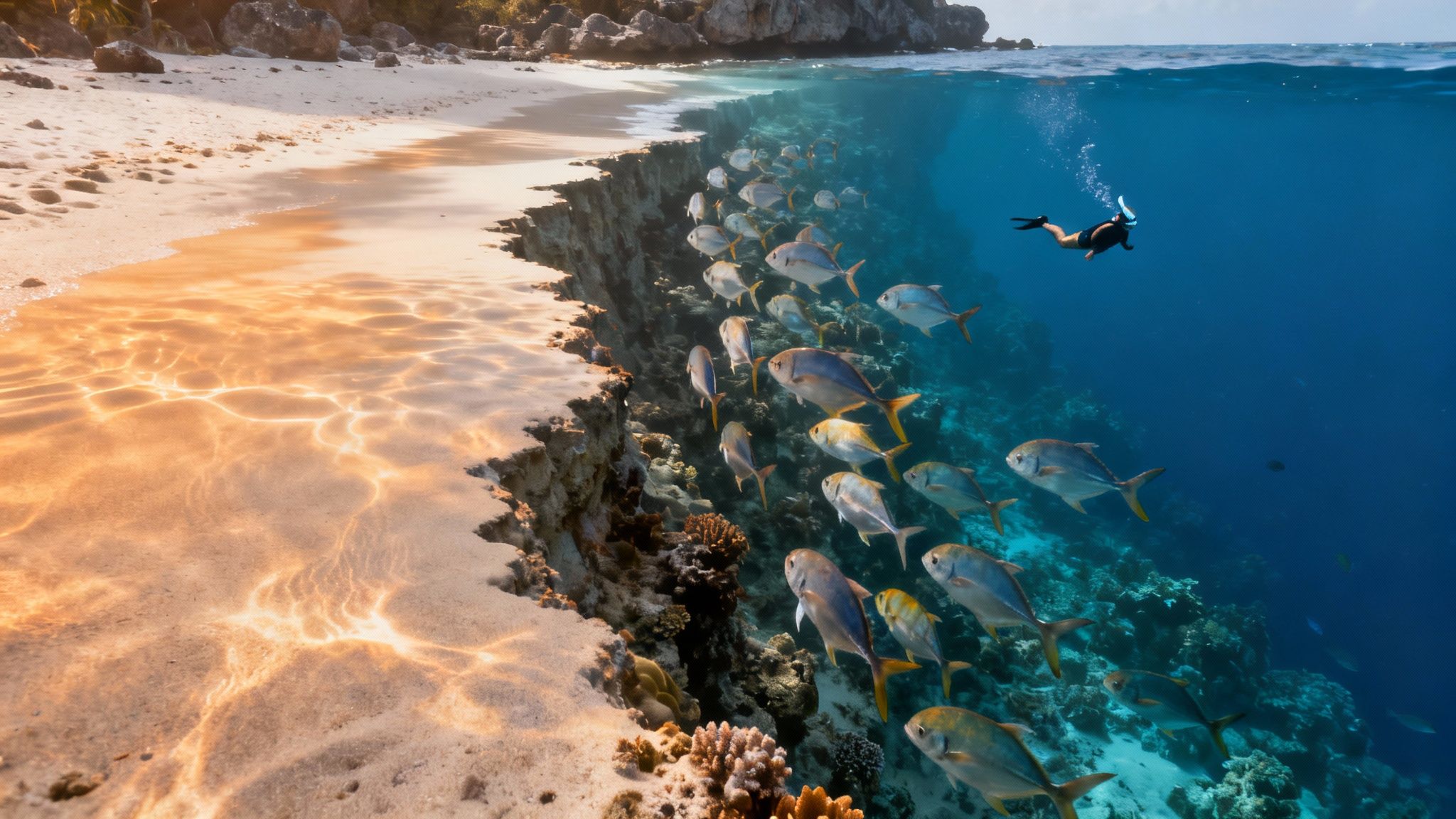 Split view of a sunlit beach, clear shallow water, snorkeler, and school of fish by a vibrant coral reef.