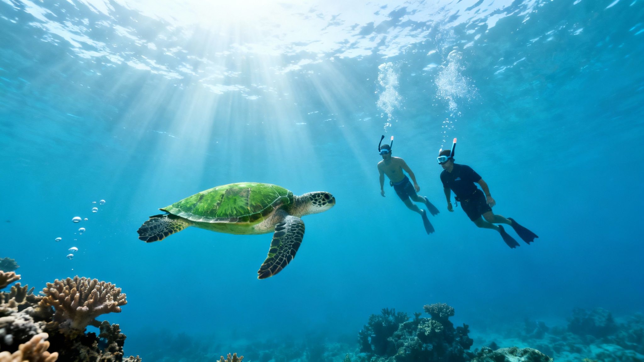 Two snorkelers observe a large sea turtle swimming gracefully underwater amidst coral reefs with sun rays.