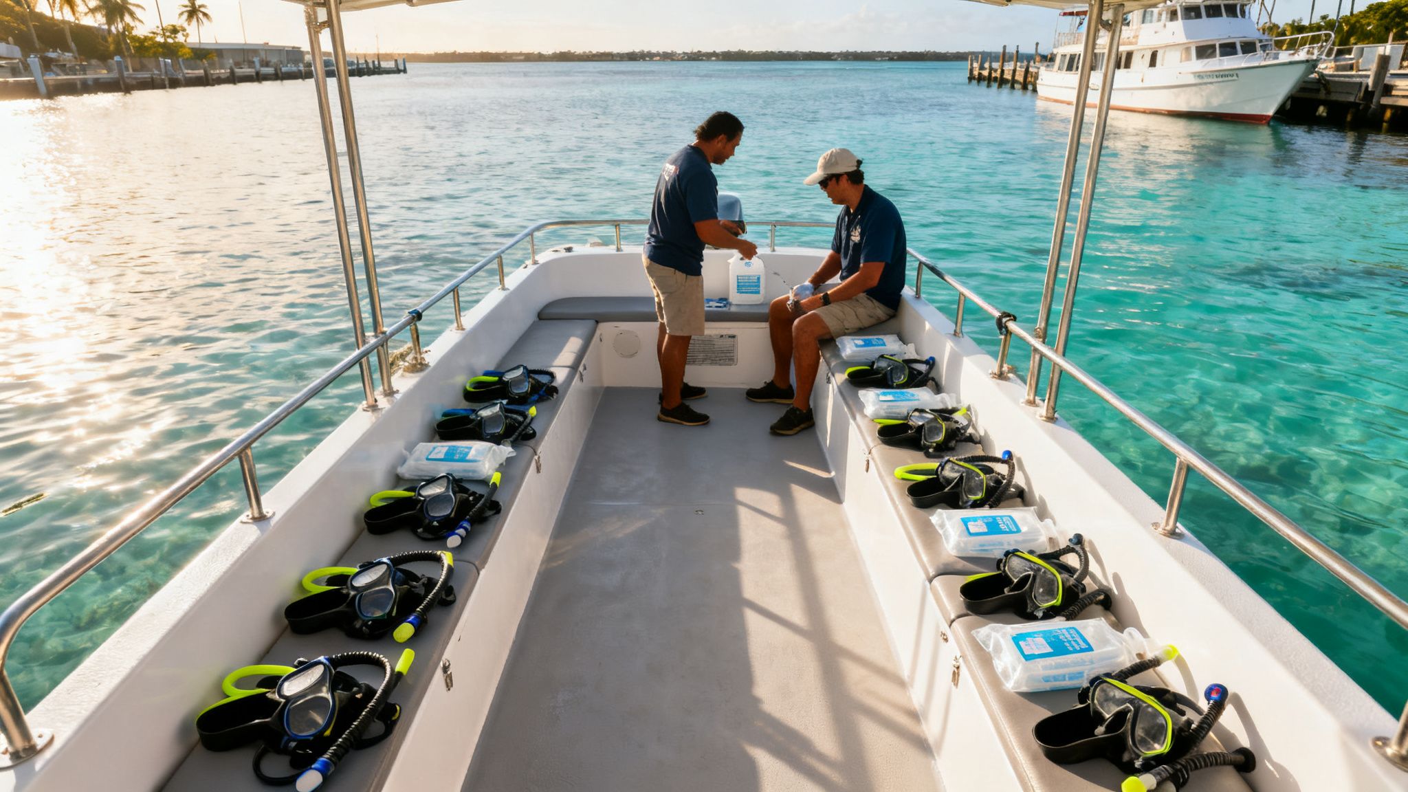 Two men prepare snorkeling gear on a boat in clear turquoise water, ready for an ocean excursion.