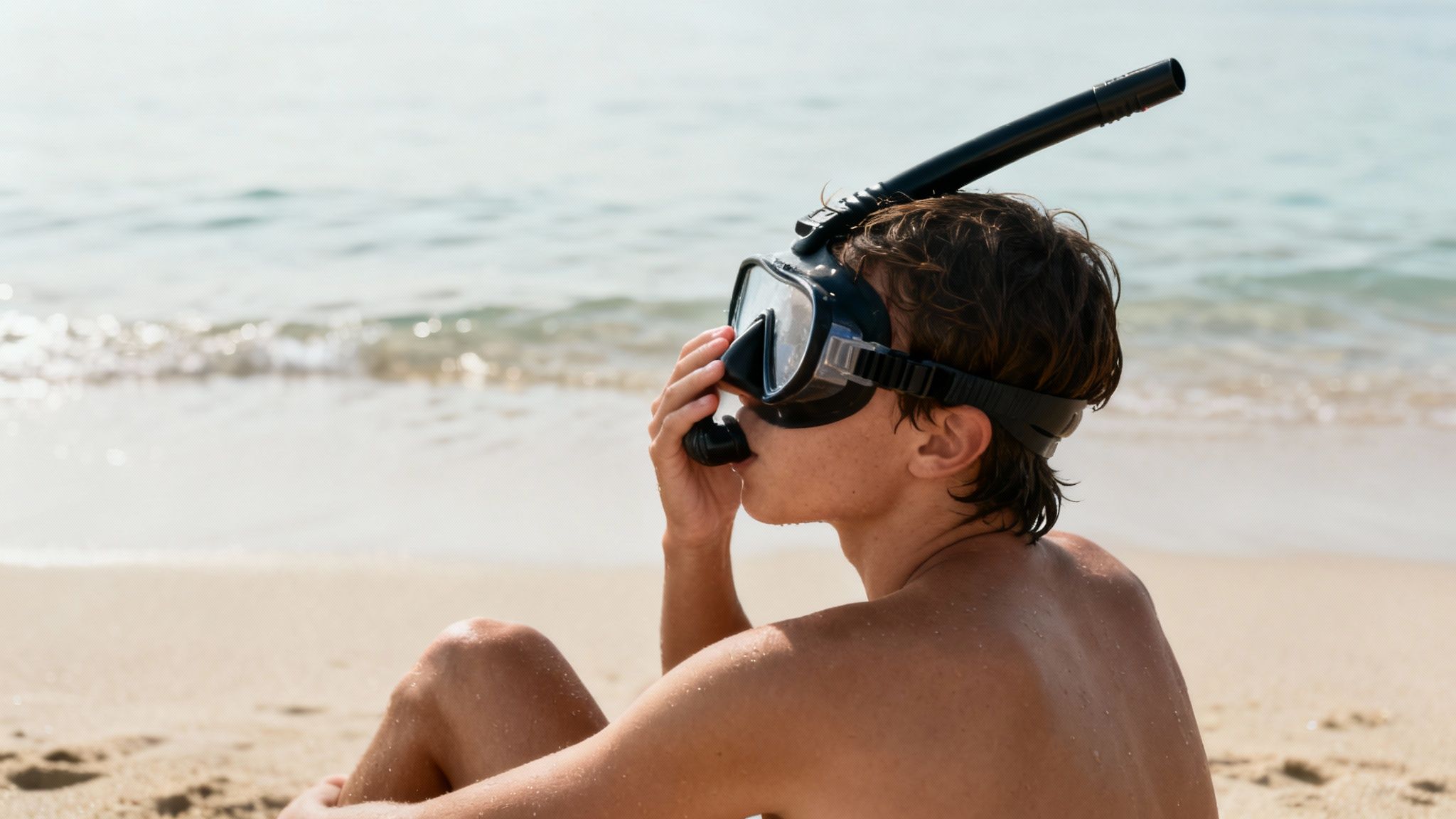 A young man with a snorkel mask and mouthpiece sits on a sandy beach, looking towards the ocean.