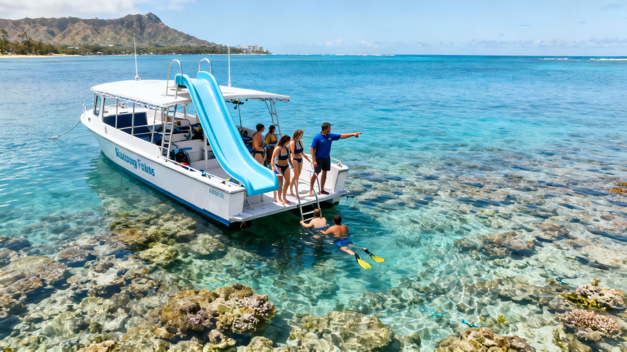 People on a boat with a slide, snorkeling in clear blue Honolulu waters over a coral reef.