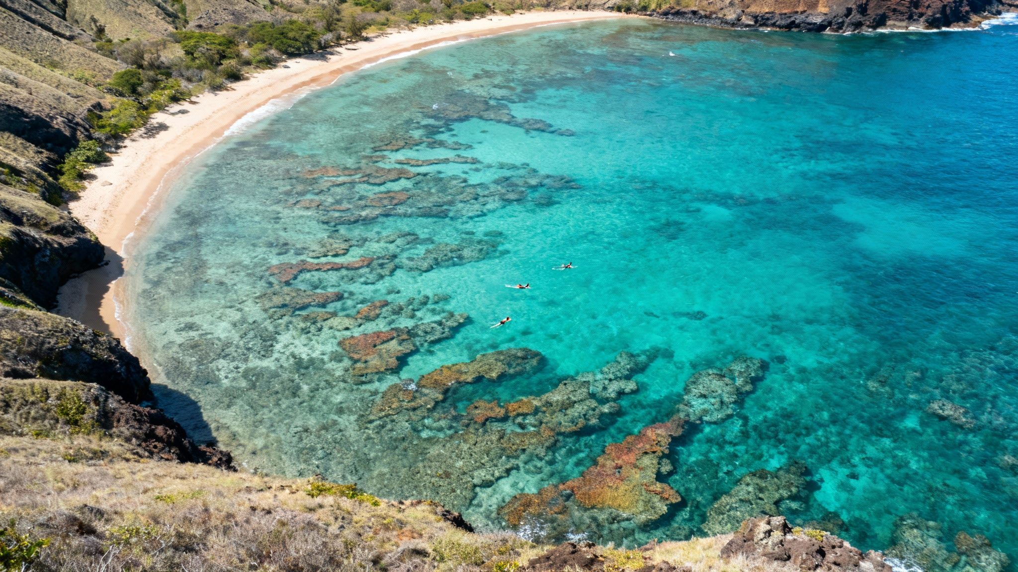 Aerial view of a stunning crescent beach with clear turquoise water, vibrant coral reefs, and people snorkeling.