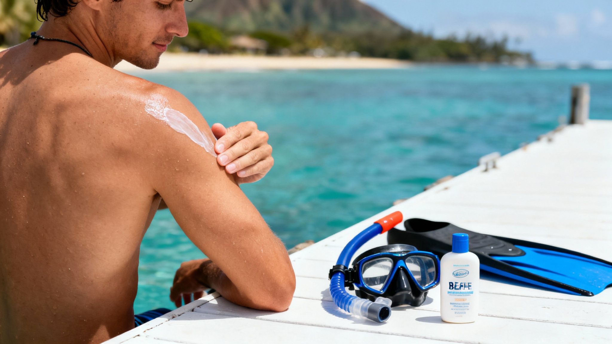 A man applies sunscreen on a dock with snorkeling gear and clear blue water.