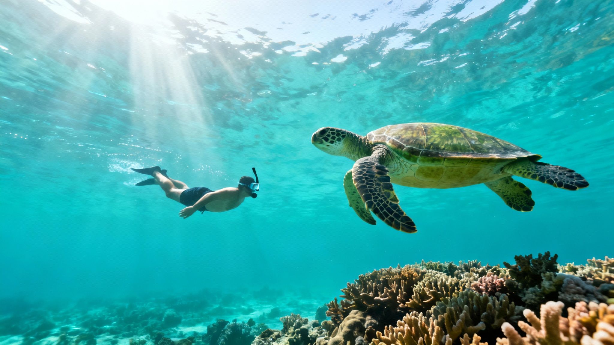 A man snorkeling in clear blue water observes a large sea turtle near a coral reef with sun rays.