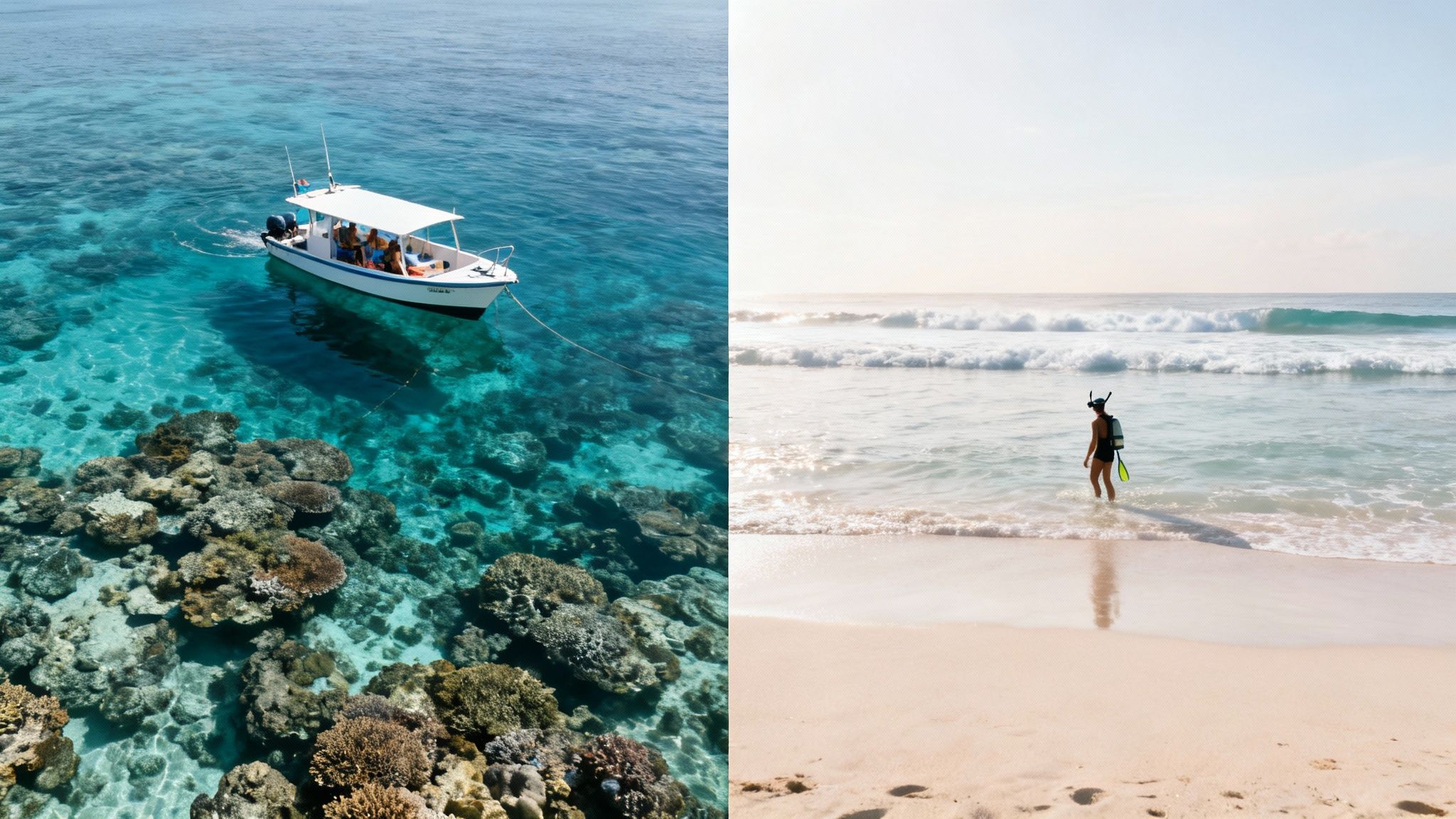 A split image showing a boat above a vibrant coral reef and a person with snorkel gear on a tropical beach.