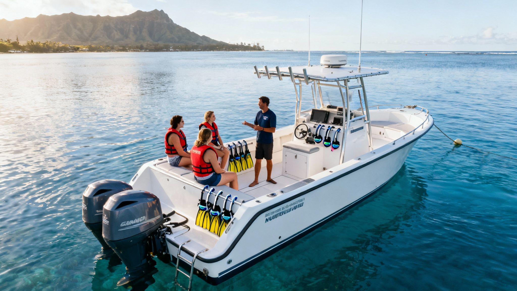 A group of people in life vests on a boat, preparing for snorkeling in clear ocean water.