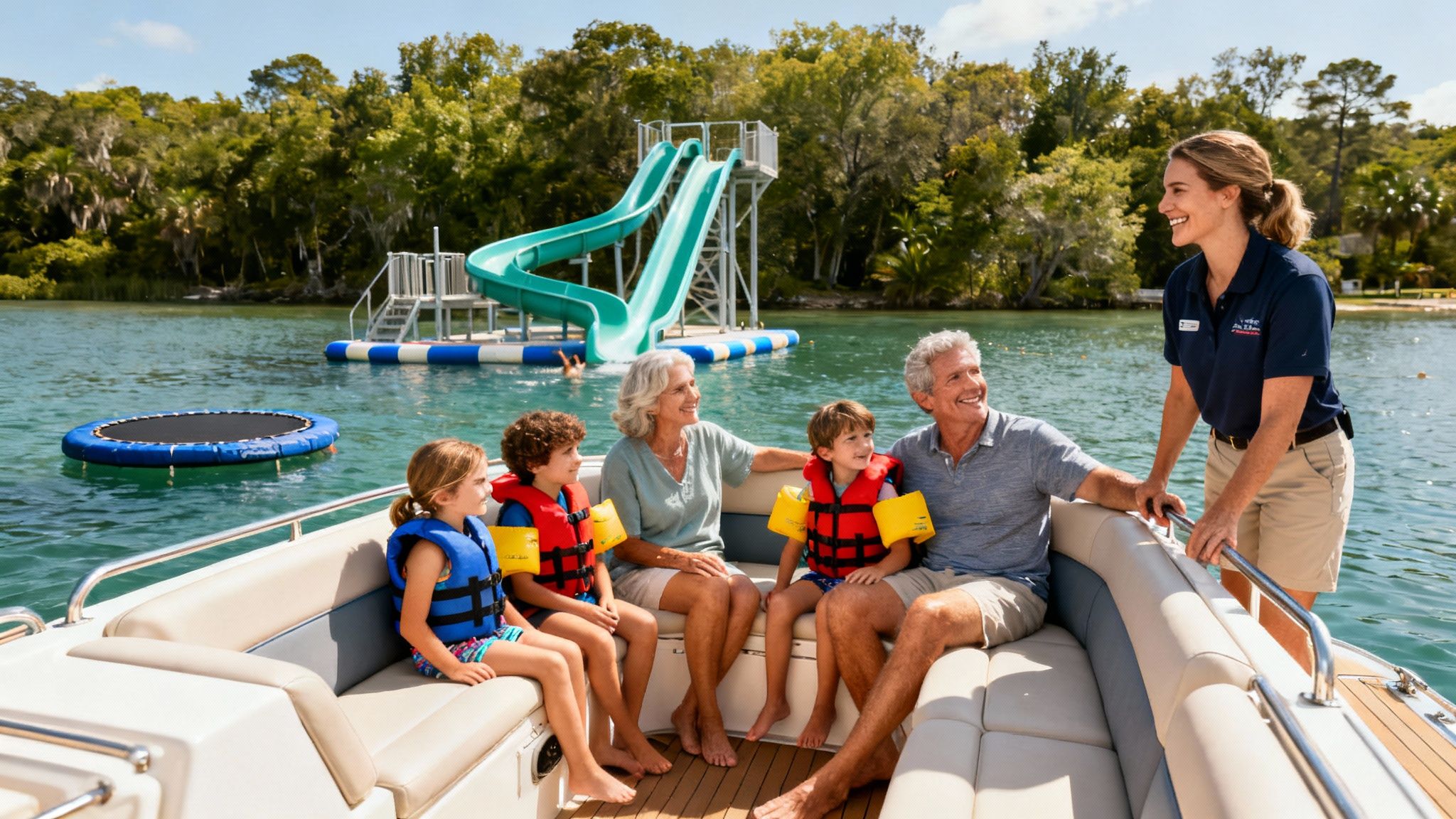 Smiling family and guide on a boat in a sunny lake with water slide and trampoline.