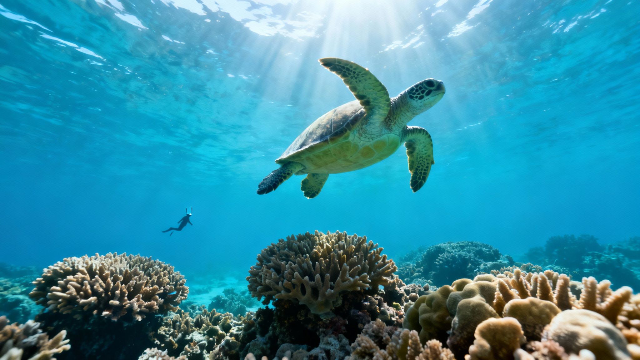 A green sea turtle swims above a vibrant coral reef in clear blue ocean water with a diver.