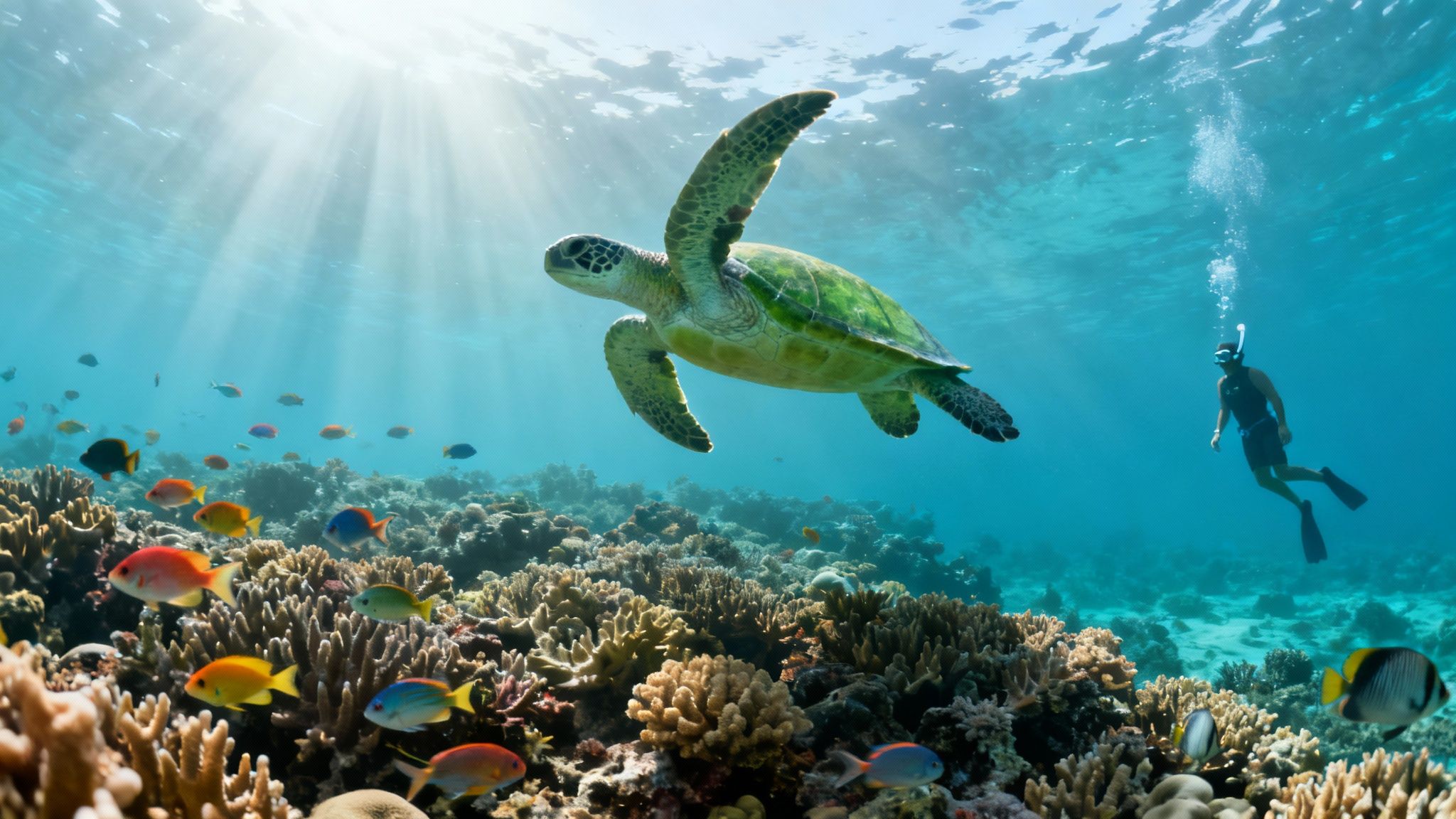 A green sea turtle swims above a vibrant coral reef teeming with colorful fish, alongside a snorkeler.