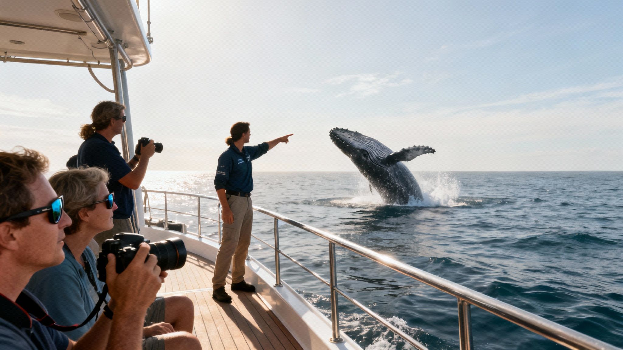 A group of tourists on a boat watching a humpback whale breach in the waters off Honolulu.