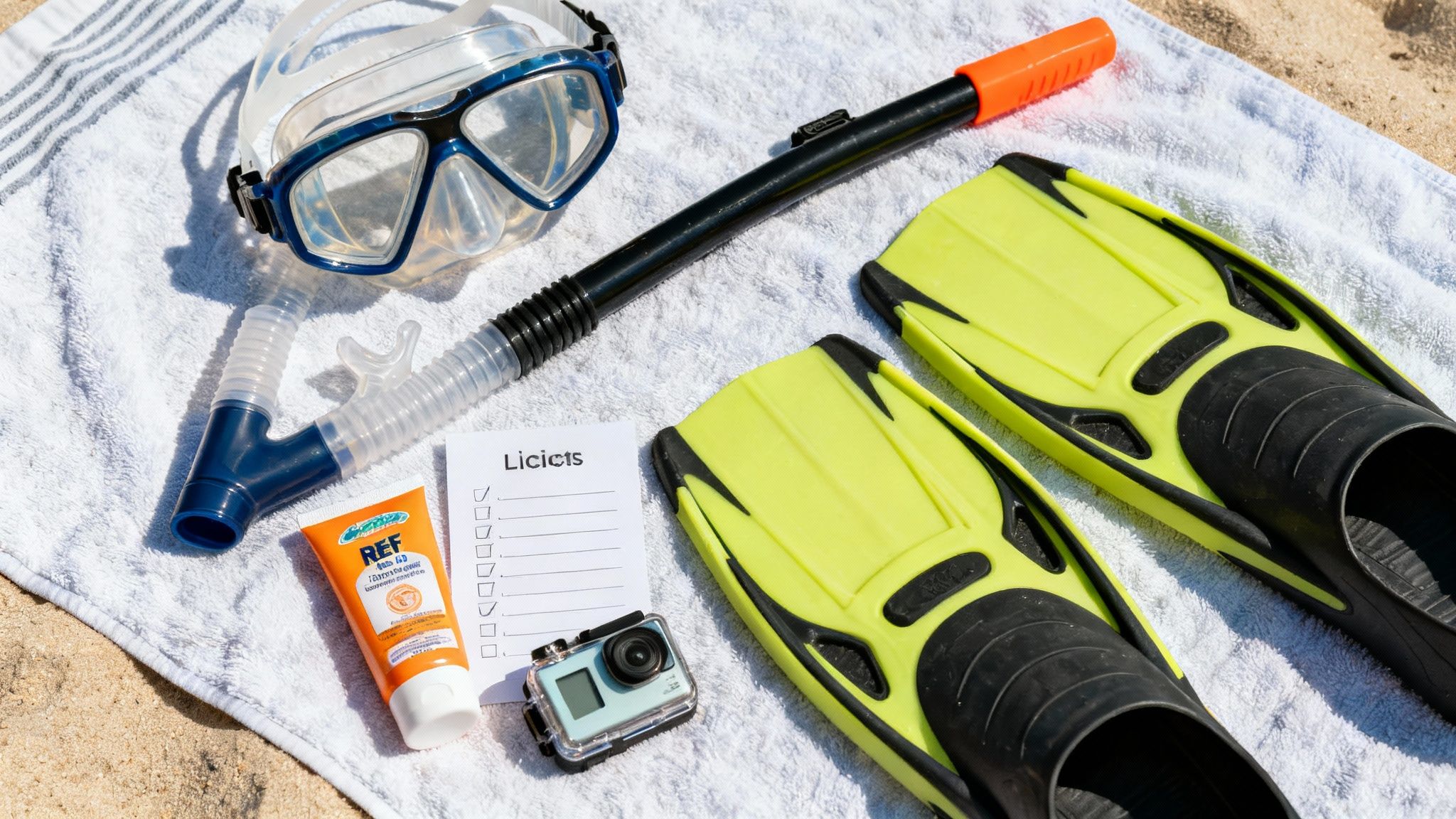 Snorkeling equipment, sunscreen, and camera laid out on a white beach towel, ready for an adventure.