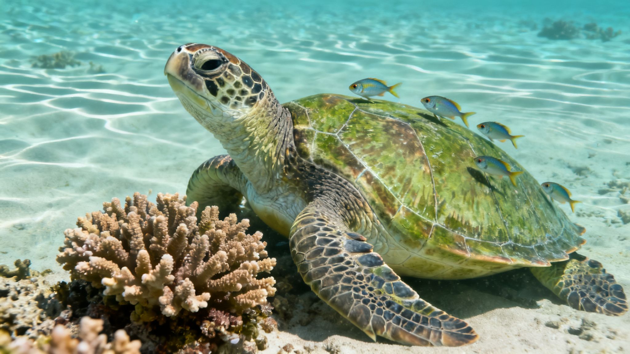 A green sea turtle on sandy ocean floor, with small fish on its shell, beside coral.