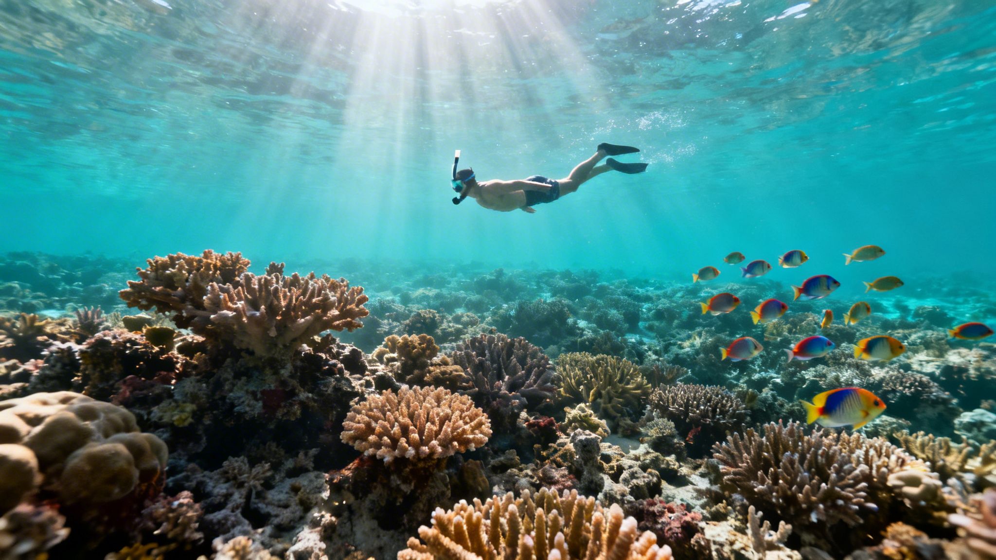 A person snorkels above a vibrant coral reef filled with colorful fish in sunny, clear blue water.