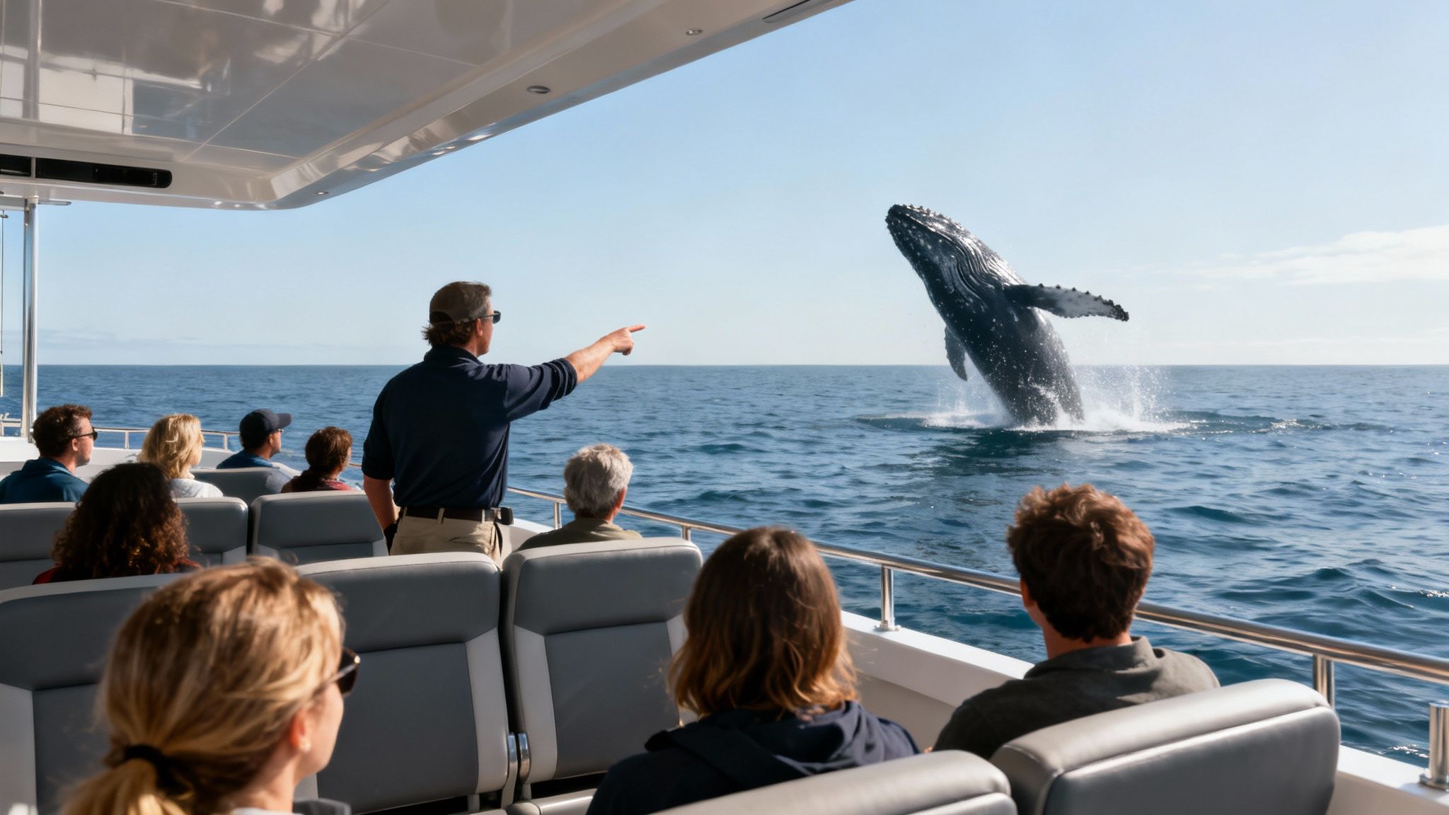 Passengers on a boat excitedly watch a large humpback whale breaching and splashing in the ocean.