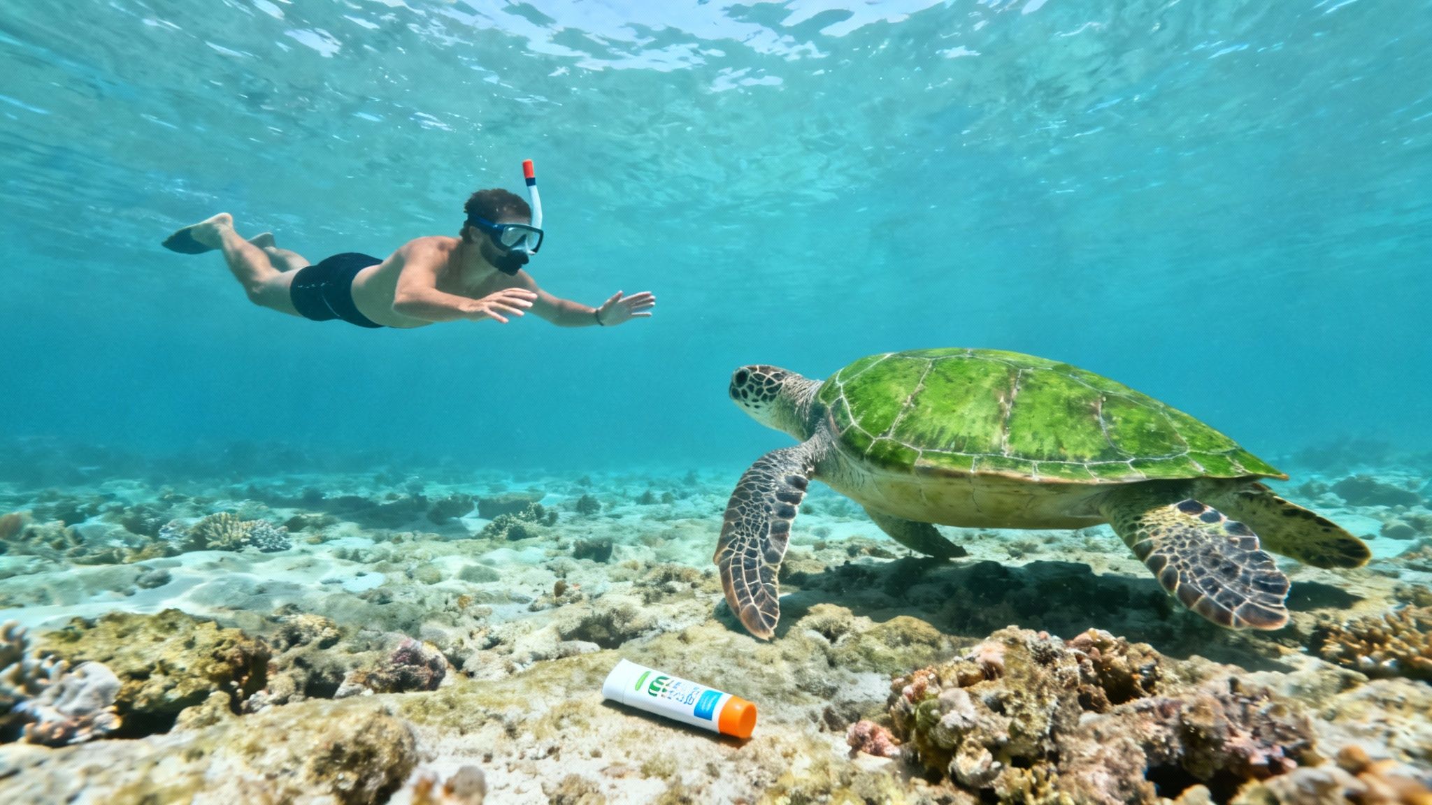 A snorkeler swims underwater, observing a large green sea turtle next to a sunscreen tube.
