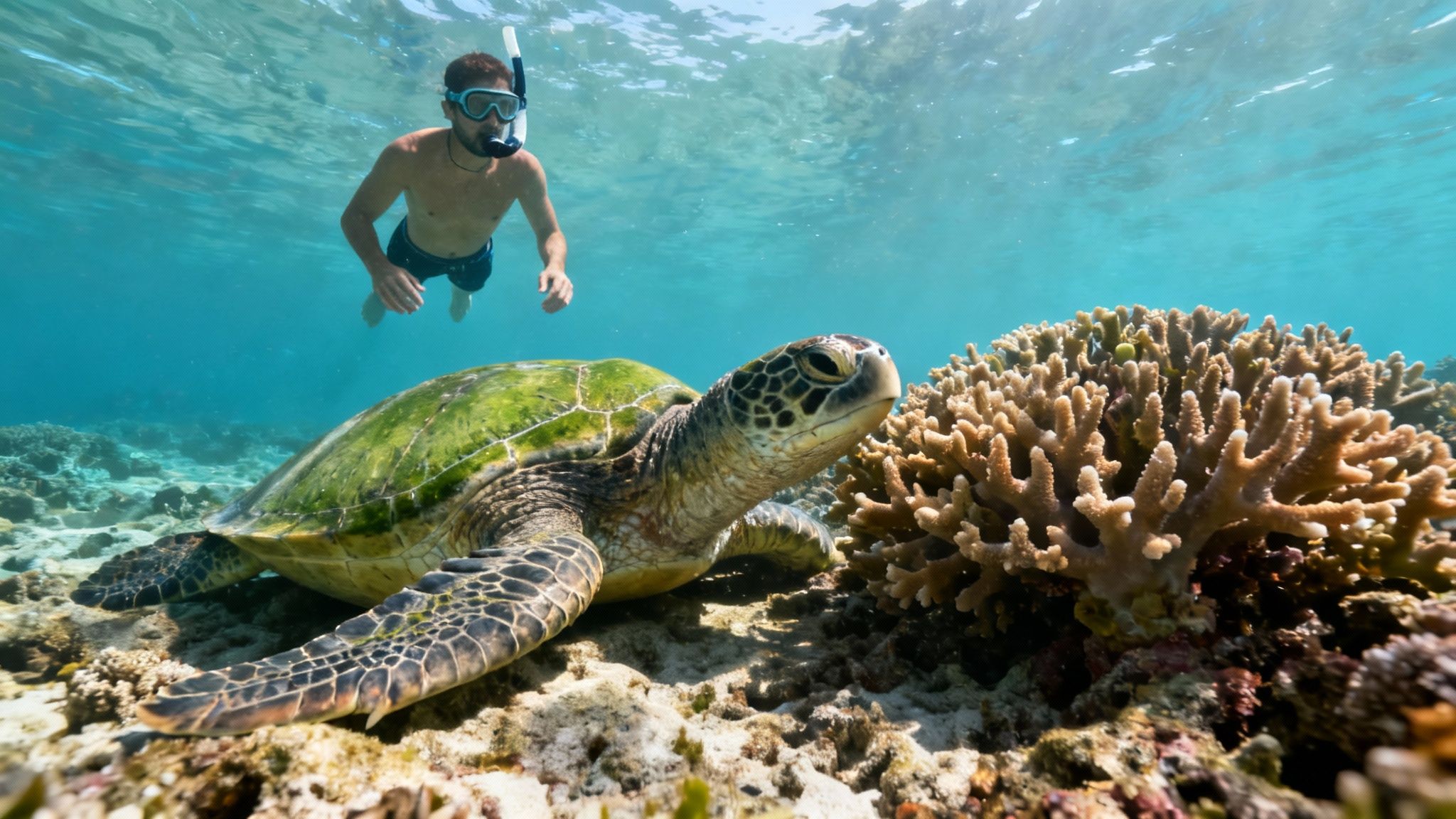 A man snorkeling in clear blue water observes a large green sea turtle next to vibrant coral.