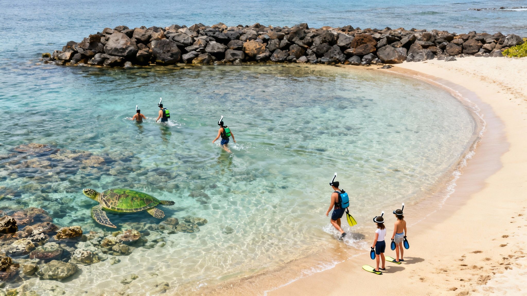 People snorkeling in clear ocean water with a large green sea turtle near a sandy beach.