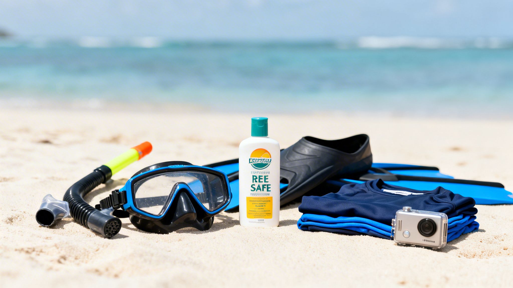 Snorkeling gear including mask, snorkel, fins, reef-safe sunscreen, and action camera on a sandy beach.