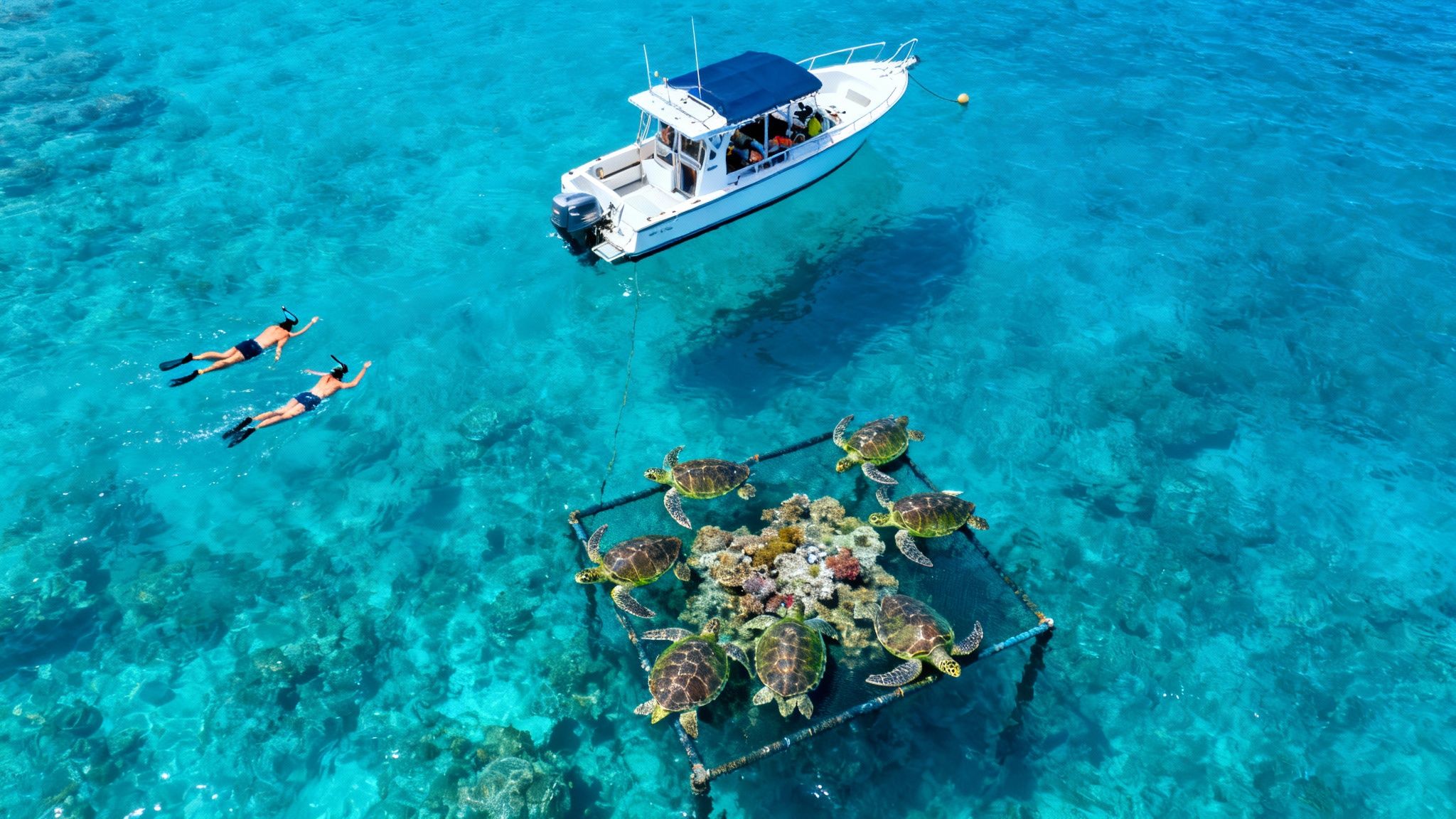 Aerial view of snorkelers and a boat near a turtle enclosure in vibrant blue ocean water.