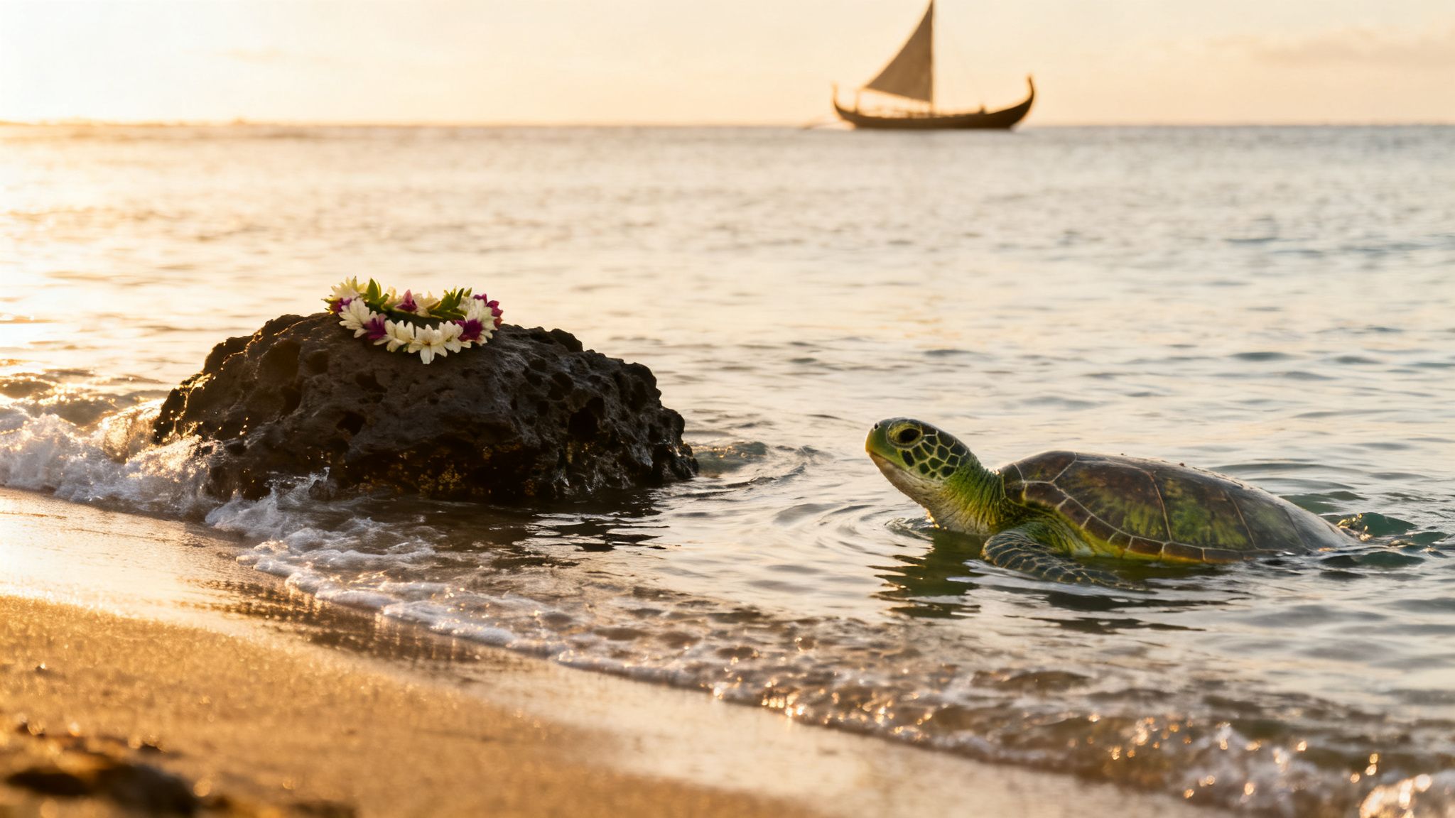 A green sea turtle emerges from the shallow ocean near a rock adorned with a flower lei at sunset, with a sailboat in the distance.