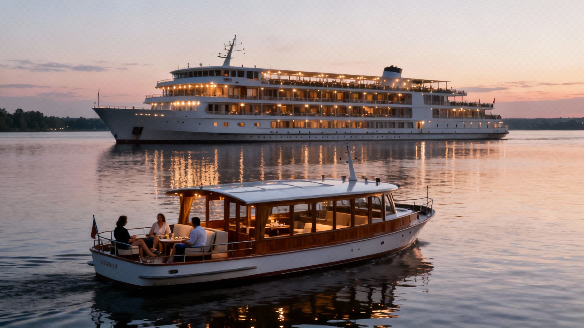 Luxurious small boat with guests enjoying dinner on water at sunset, large cruise ship behind.