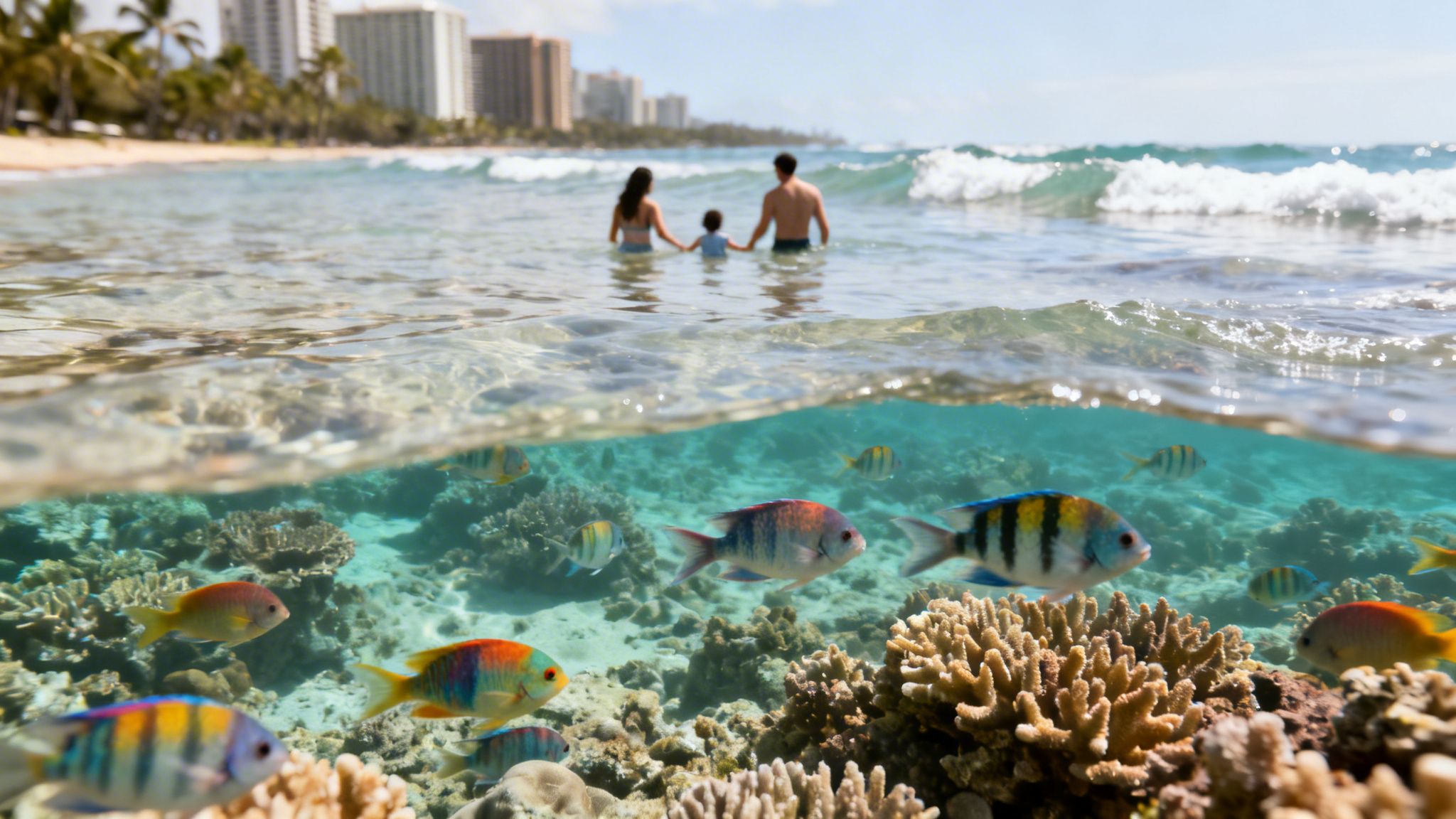 A family holds hands in the ocean above a vibrant coral reef with colorful fish.