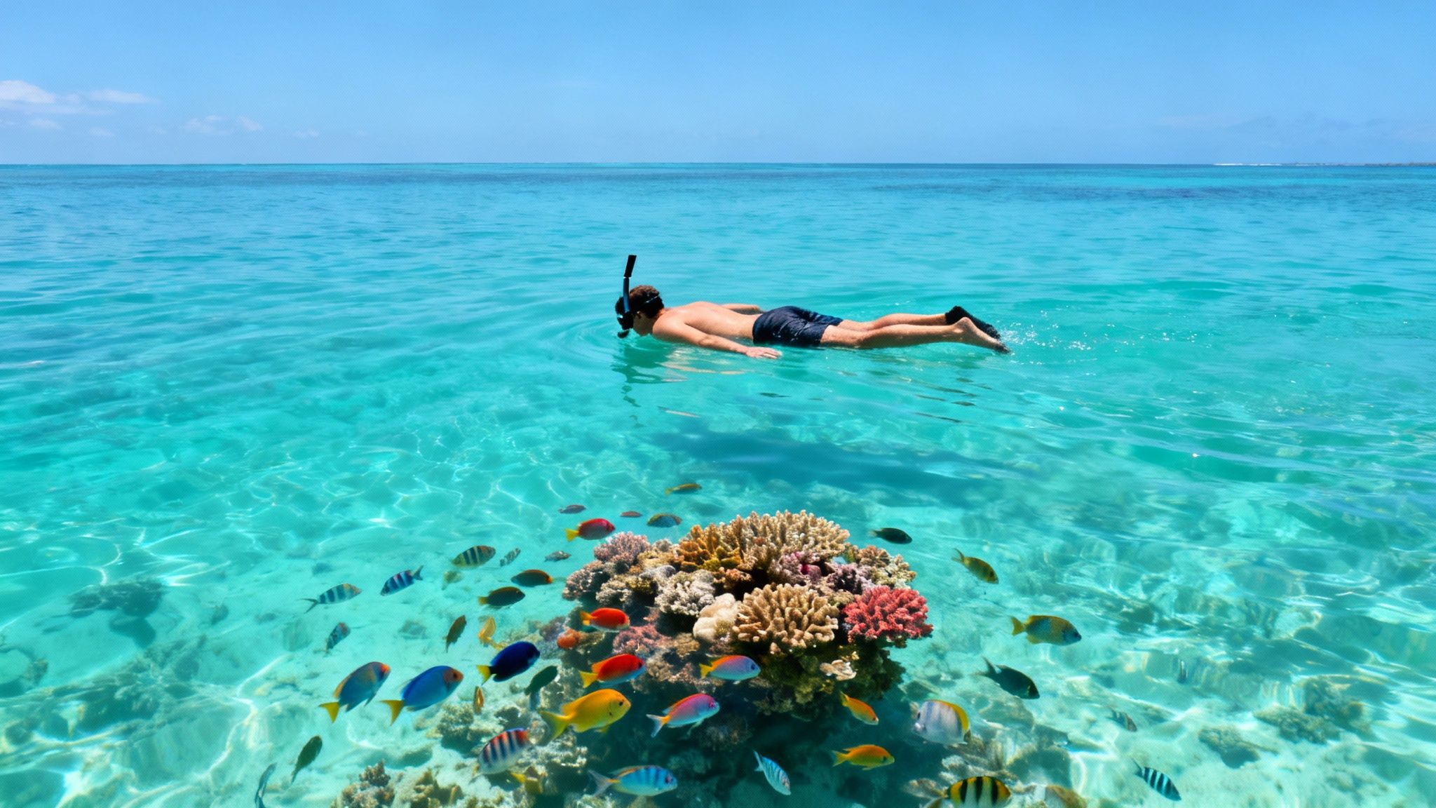 A person snorkeling in crystal clear blue water, observing a colorful coral reef with tropical fish.