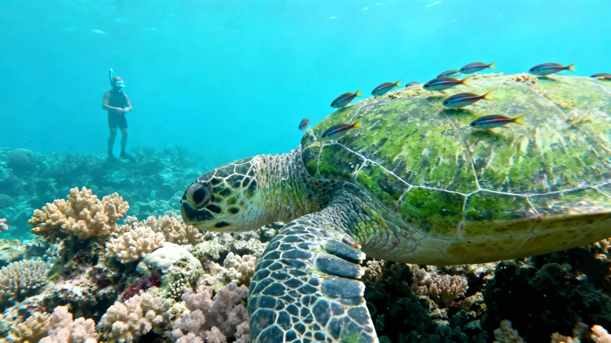 A snorkeler watches a large green sea turtle with small fish on its shell over coral reefs.