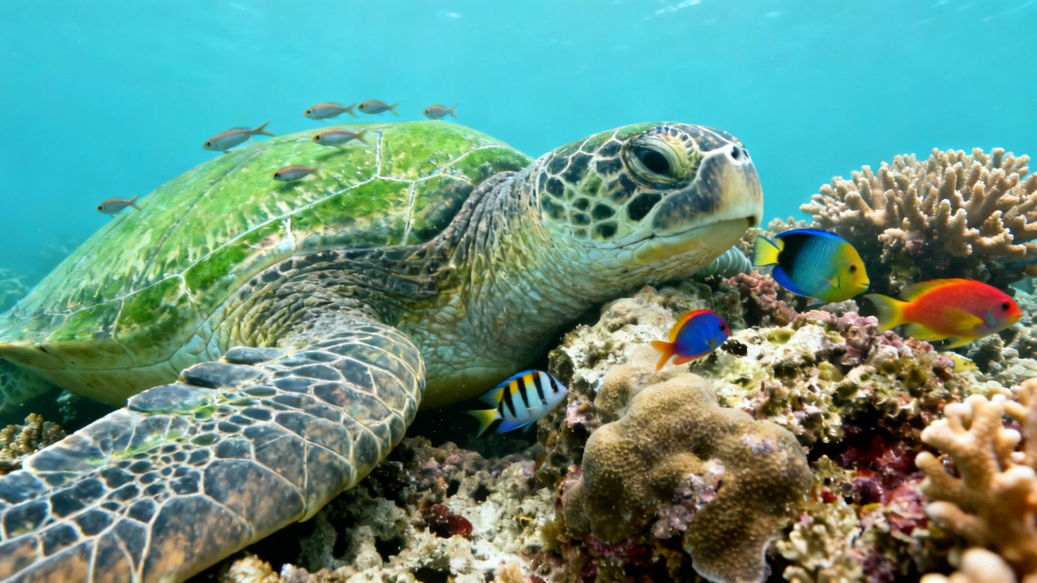 Green sea turtle on a vibrant coral reef, surrounded by colorful tropical fish underwater.