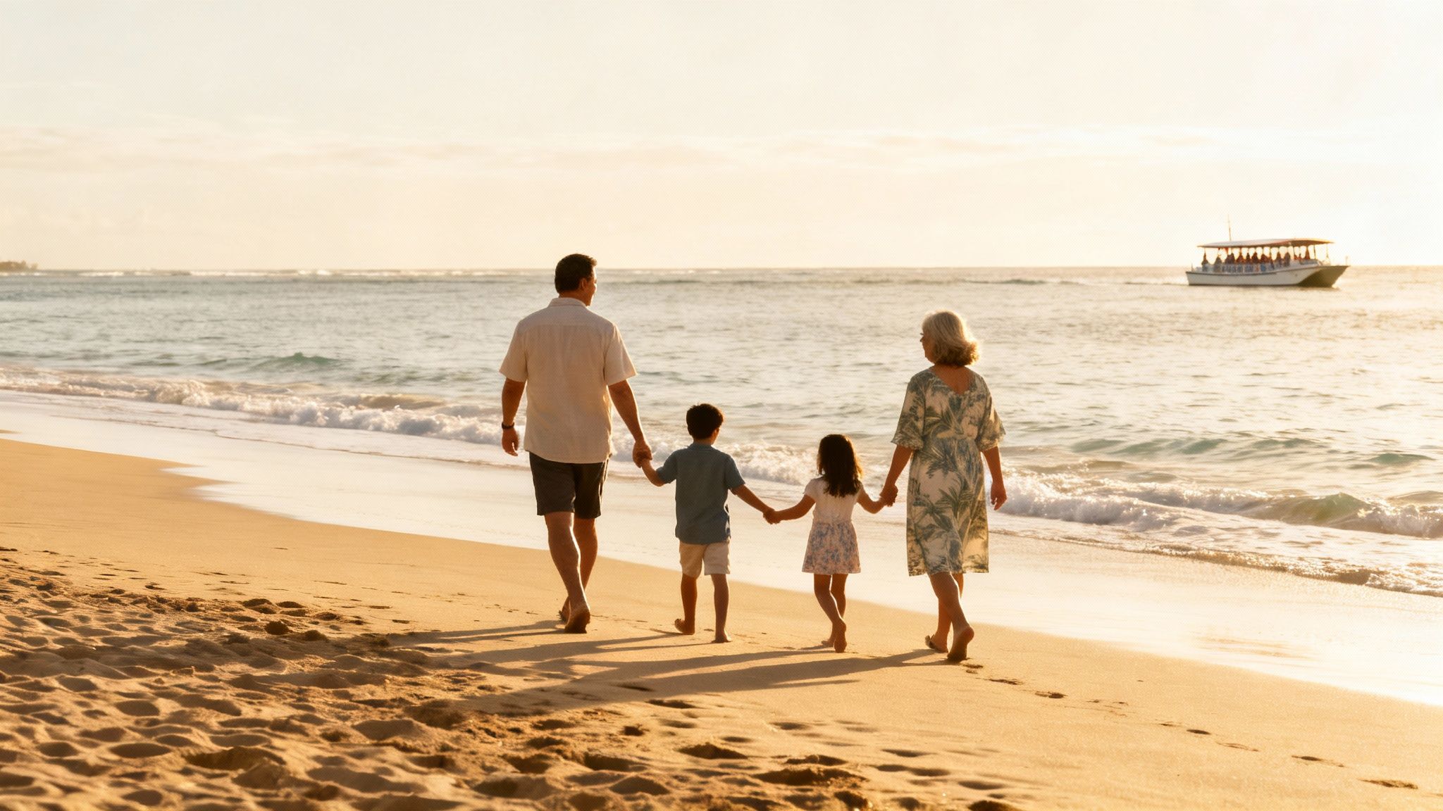 Family, including two adults and two children, walking hand-in-hand on a Hawaiian beach at sunset.