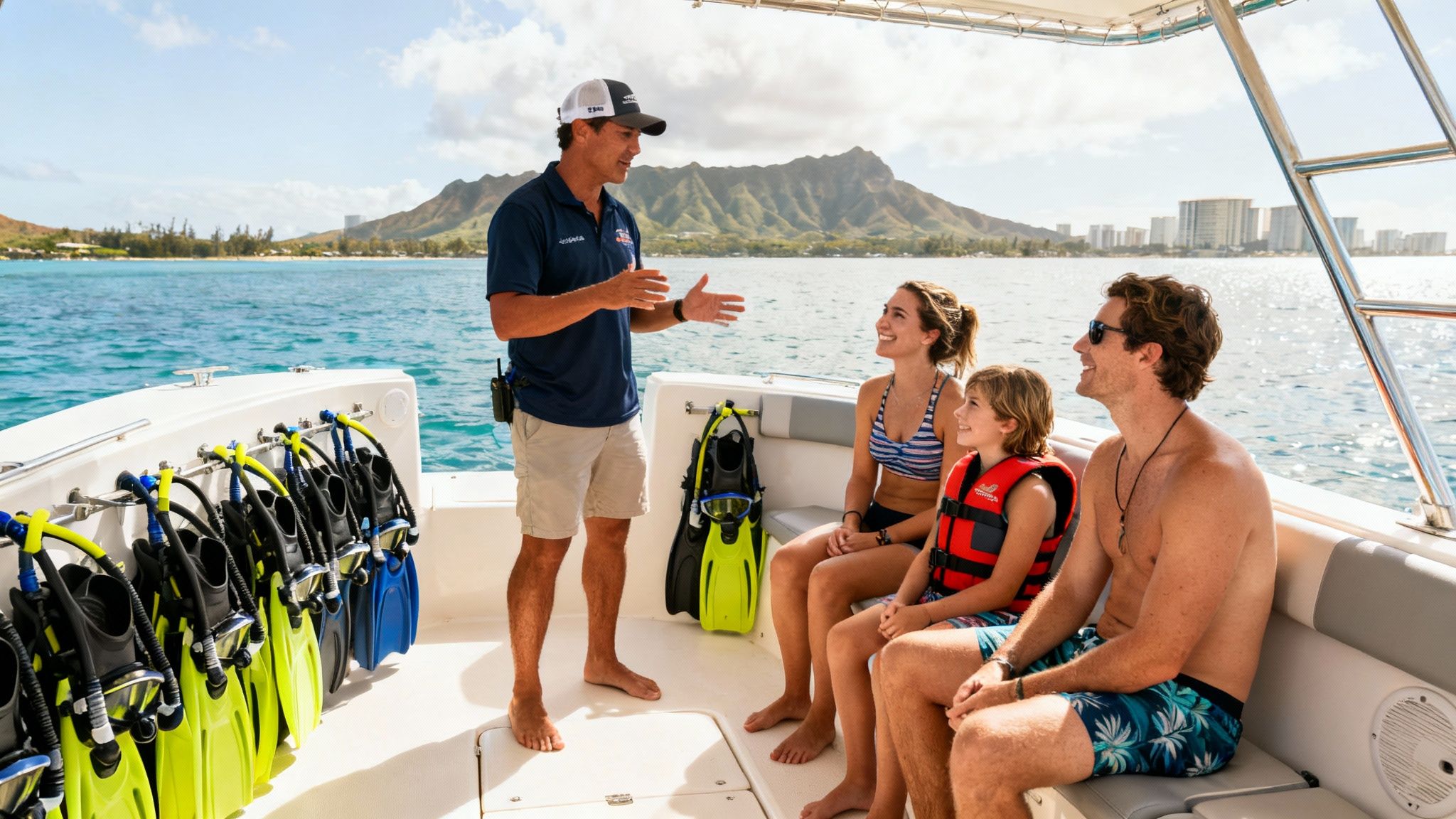 A boat tour instructor talks to a family with snorkeling gear ready and Diamond Head in the background.