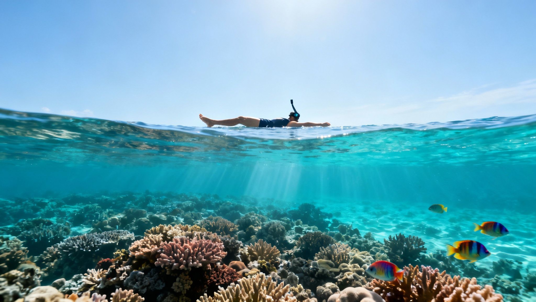 A person snorkeling on the ocean surface above a vibrant coral reef with colorful fish.