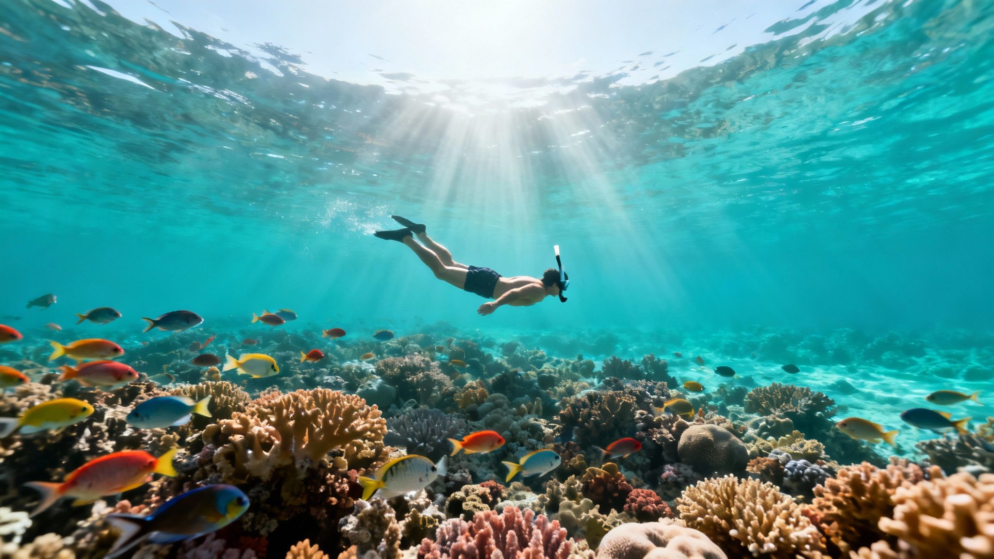 A person snorkels above a vibrant coral reef with colorful fish in clear, sunlit ocean water.