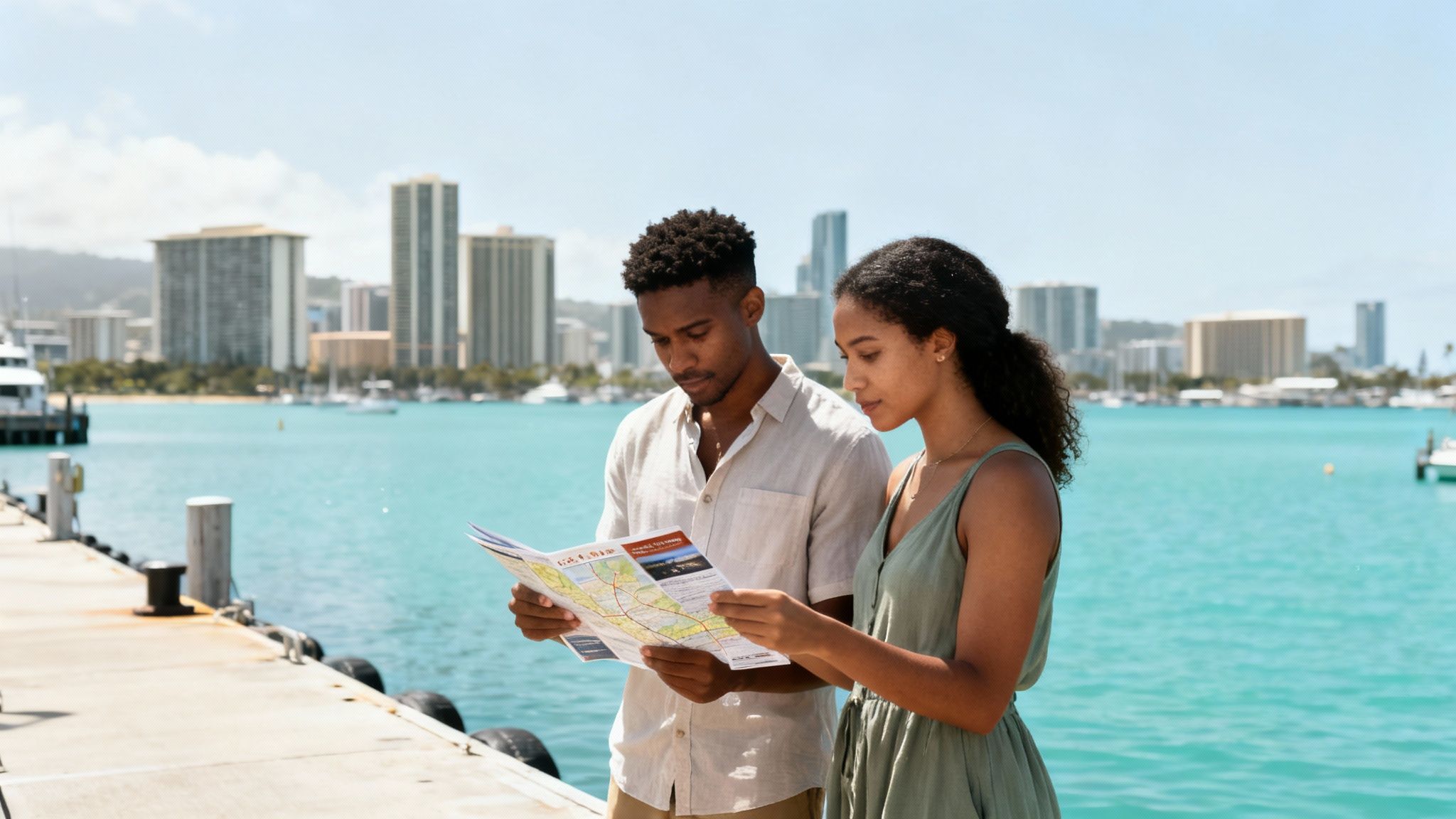 A young diverse couple reviews a map on a pier with a cityscape and clear blue water.