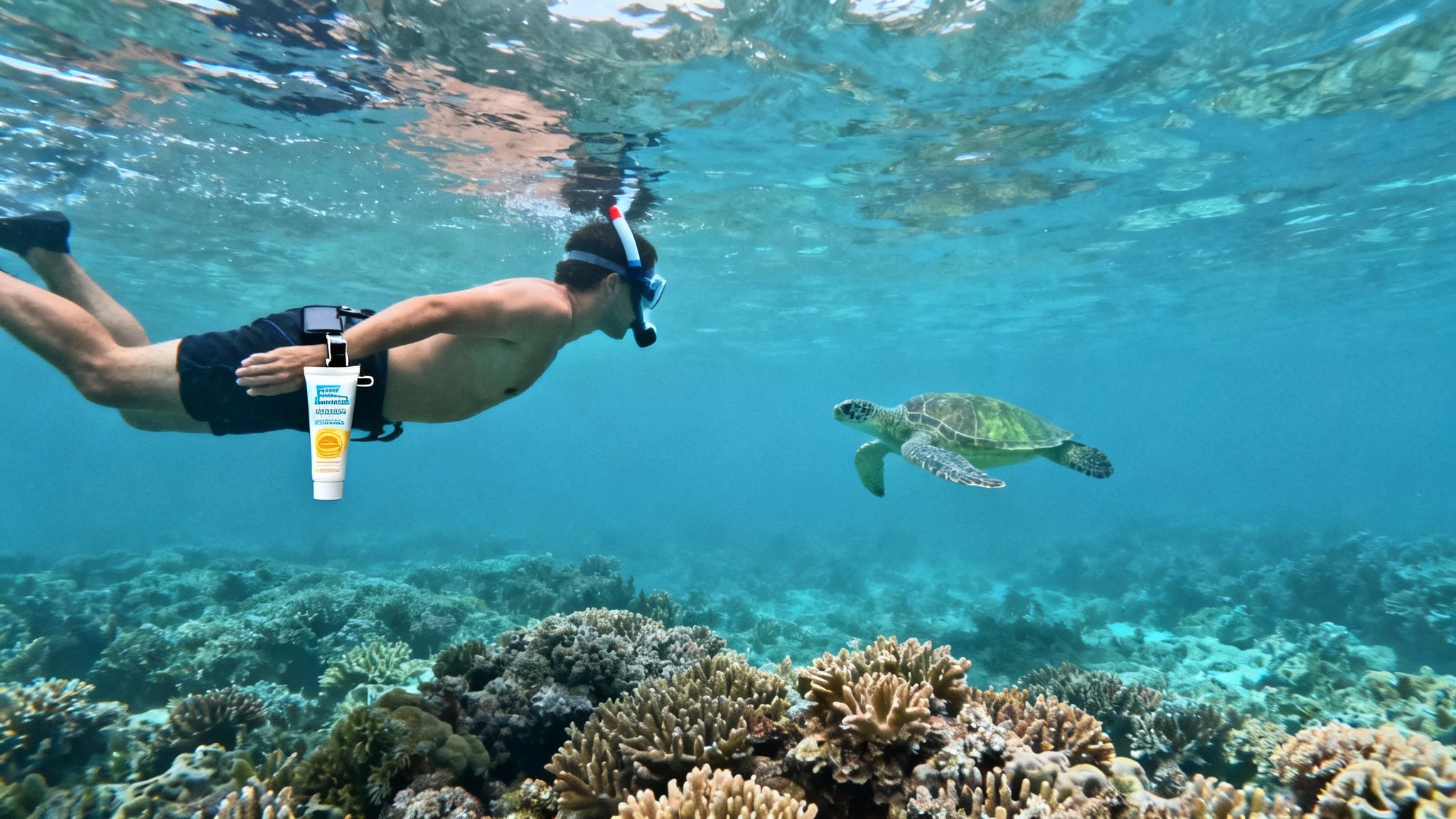 A man snorkeling with a sea turtle over a vibrant coral reef, wearing a mask and snorkel, with a sunscreen bottle attached.