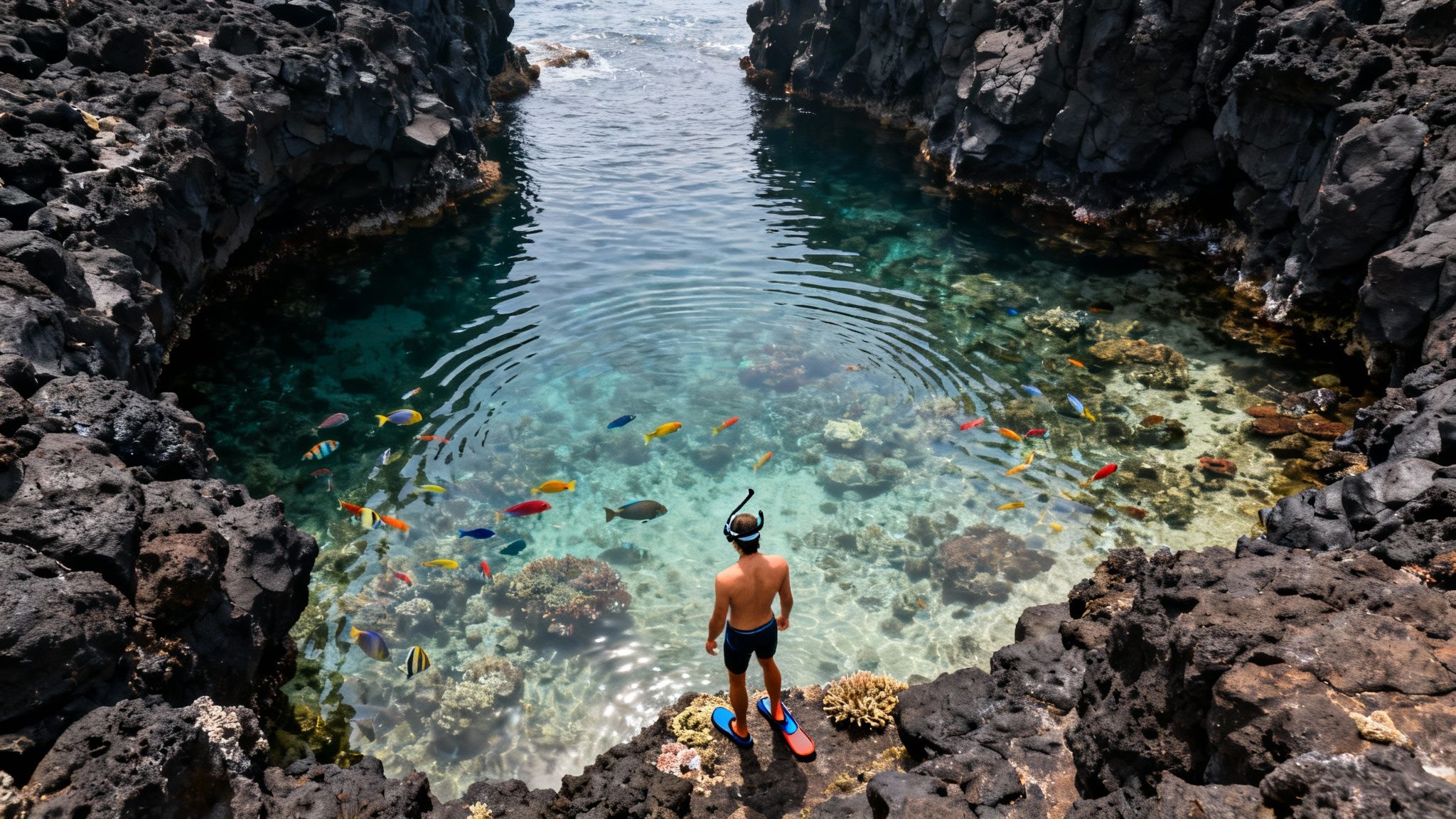 A person with snorkel gear stands on volcanic rocks, gazing at colorful fish in a clear ocean cove.