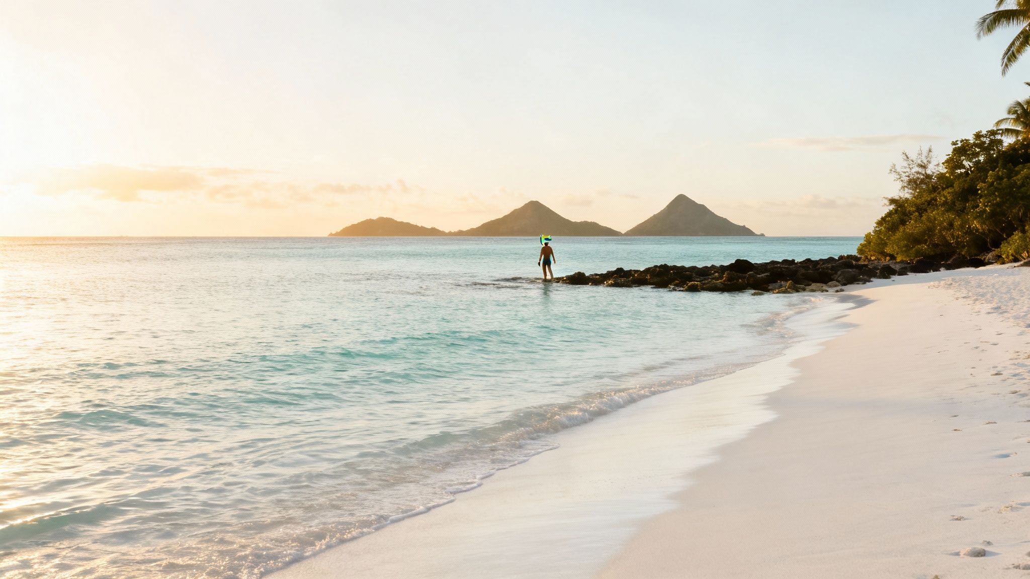 A snorkeler stands in clear turquoise water on a white sand beach with islands and a golden sky.