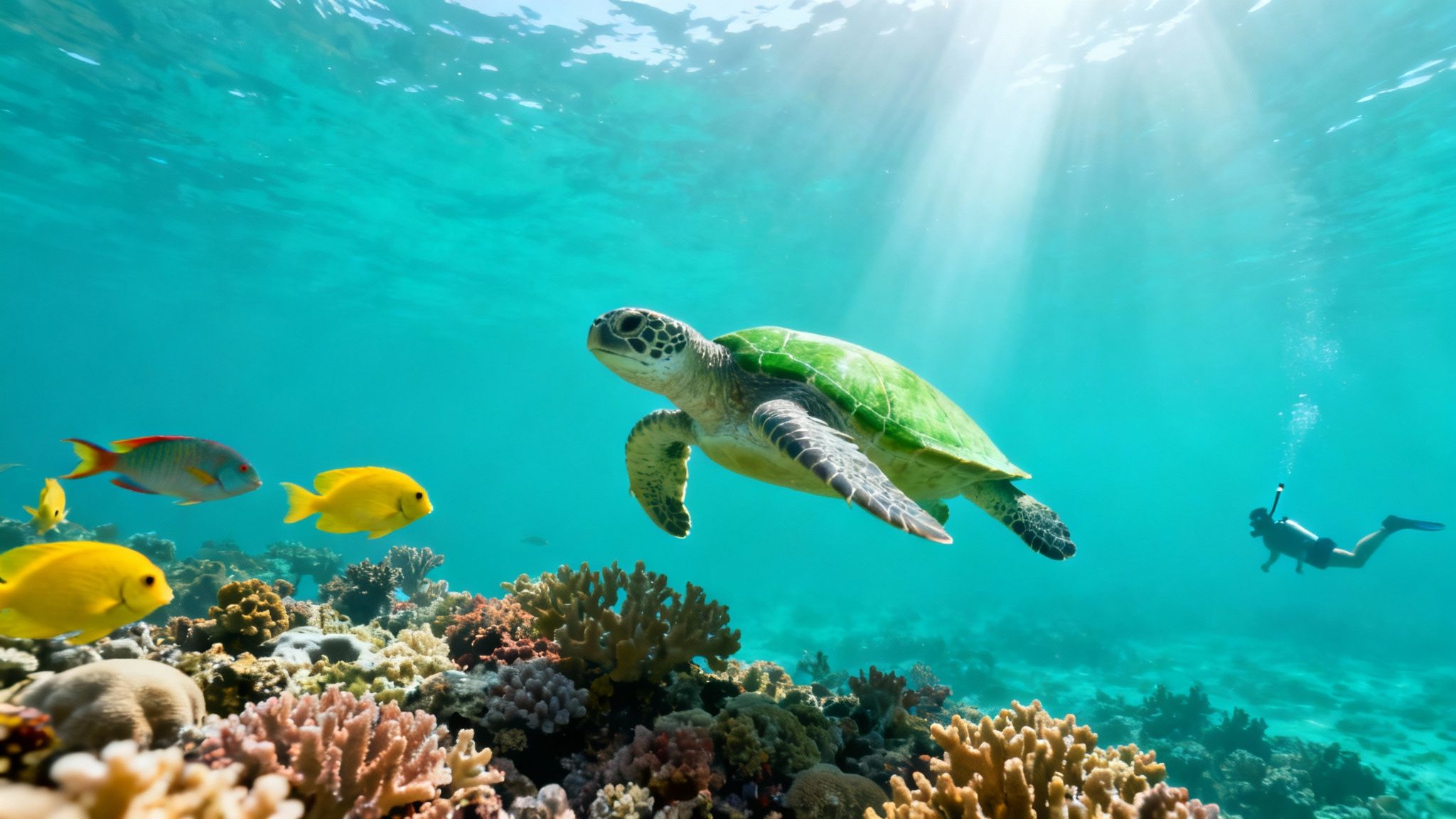 A green sea turtle swims gracefully over a colorful coral reef with fish and a scuba diver.