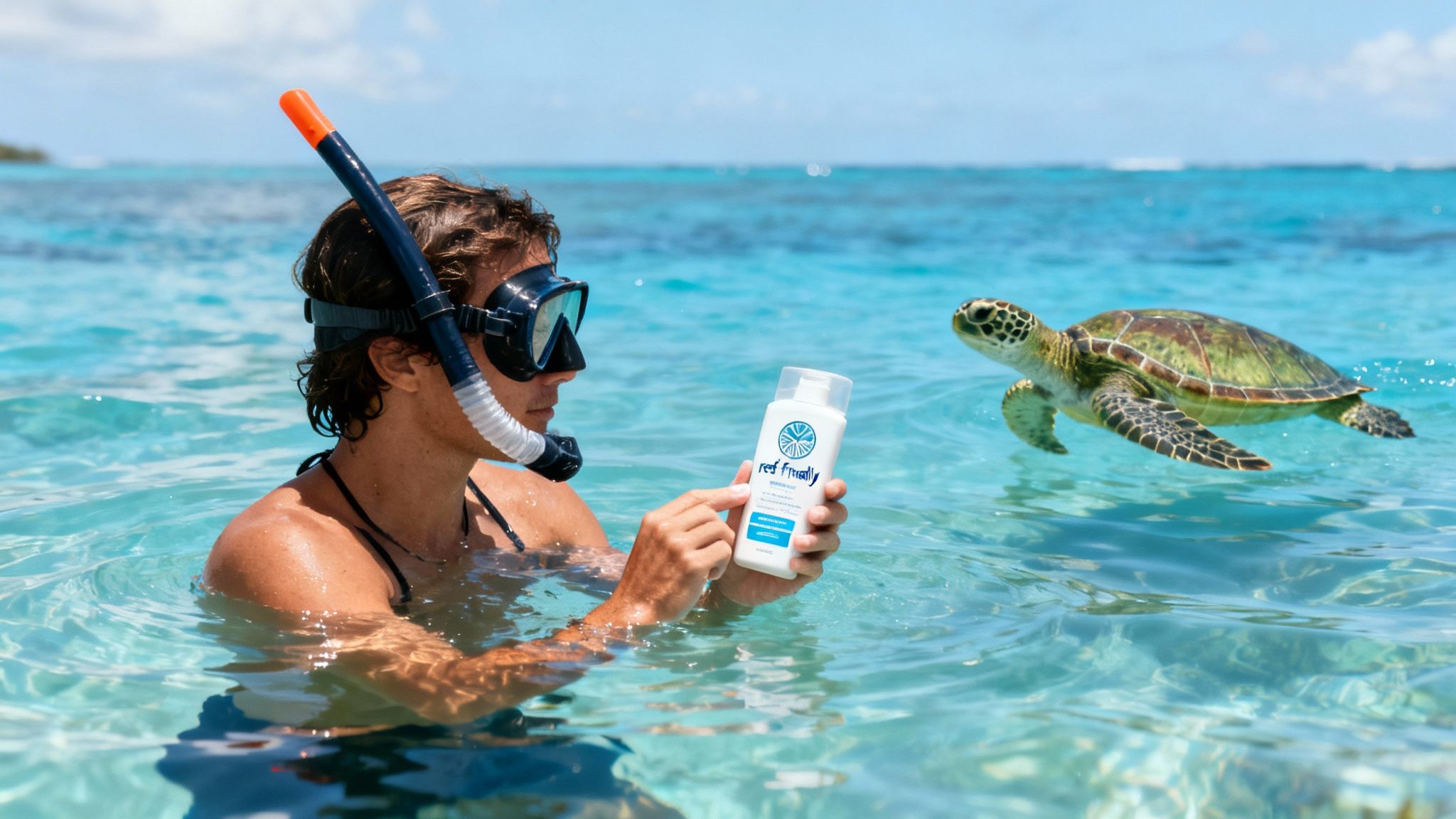 A snorkeler holds reef-friendly sunscreen in clear water, with a sea turtle swimming nearby.