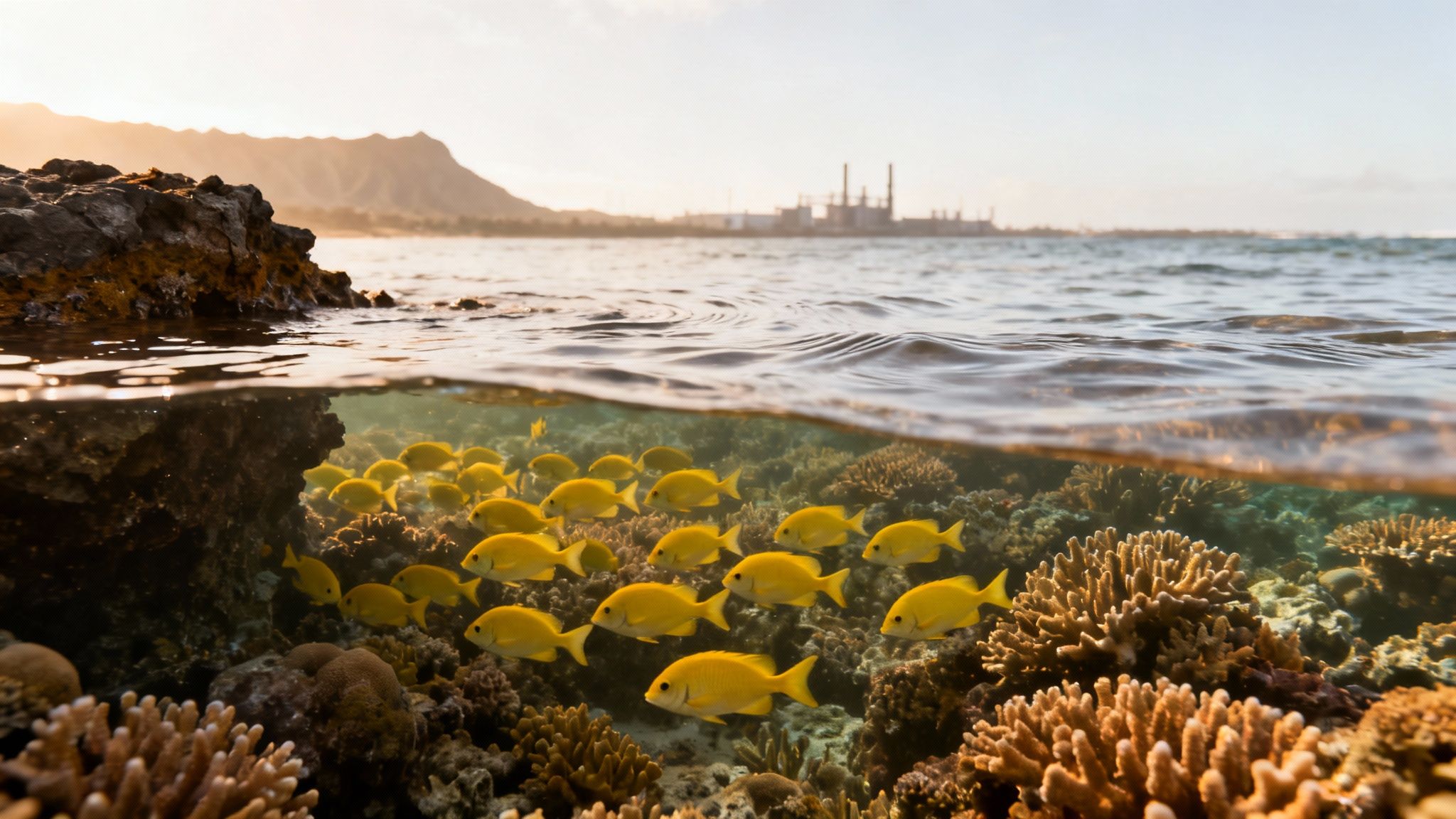 Split view of a vibrant coral reef with yellow fish and the ocean surface with a distant power plant.