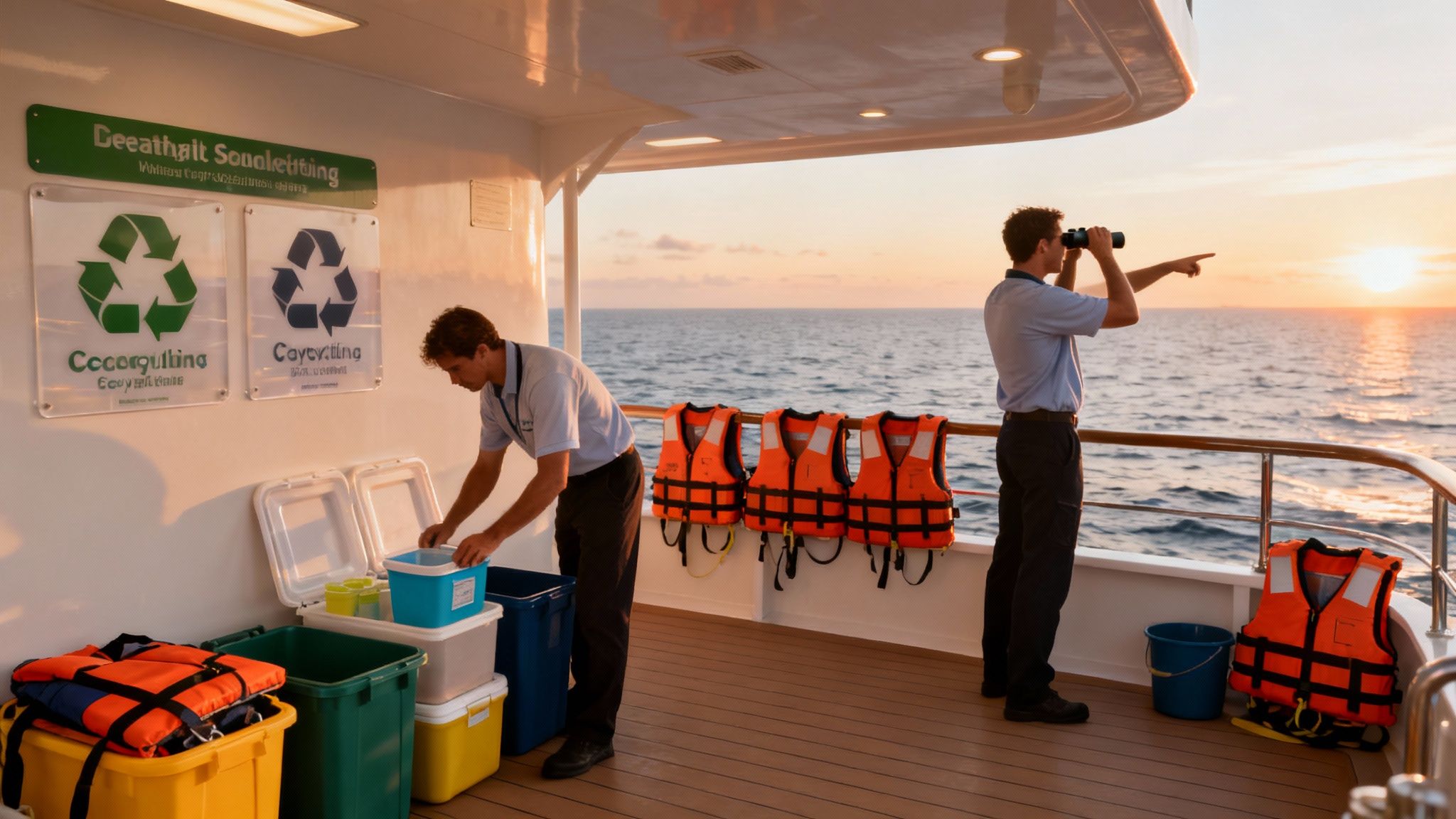 Two crew members on a boat deck at sunset, one organizing, one scanning the horizon with binoculars.