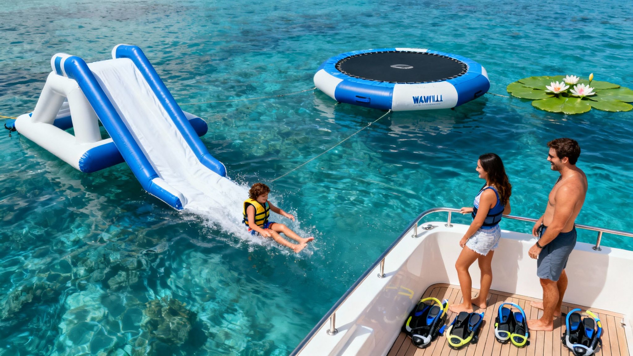A child slides down an inflatable water slide into clear blue water near a boat and trampoline.