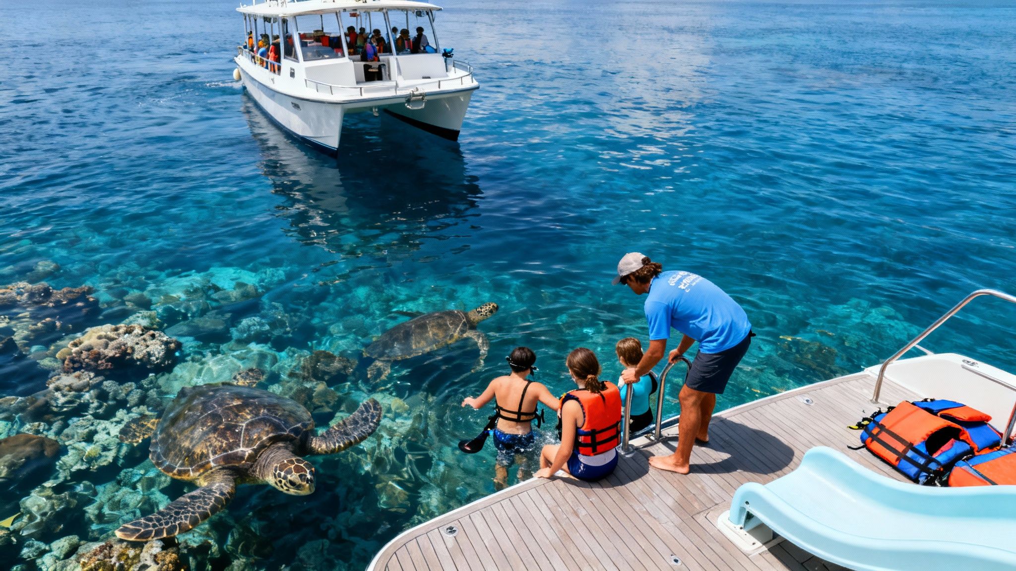 A boat tour with people observing large sea turtles and colorful coral in crystal clear blue water.