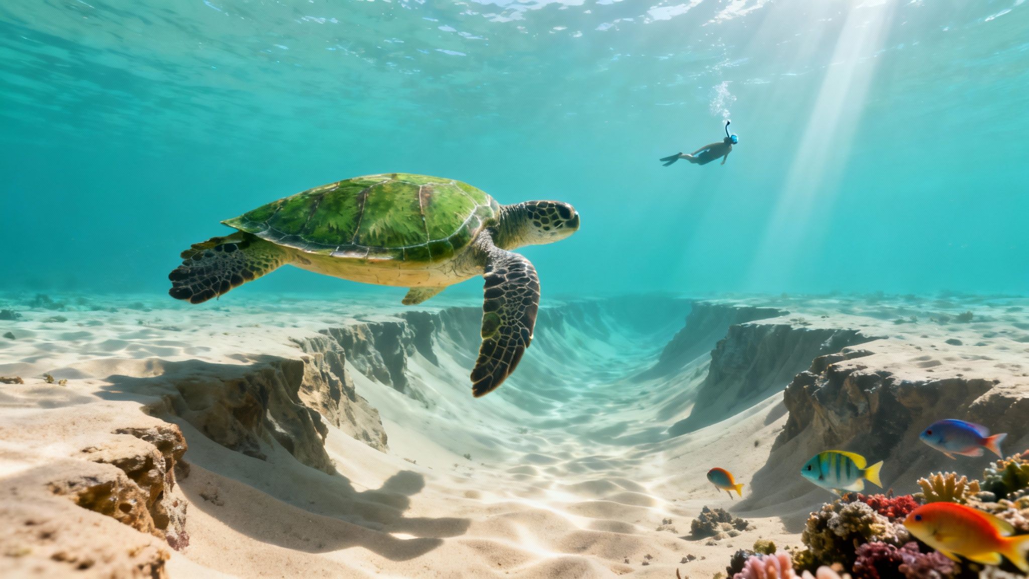 A majestic green sea turtle swims underwater past a snorkeler, vibrant coral, and colorful fish.