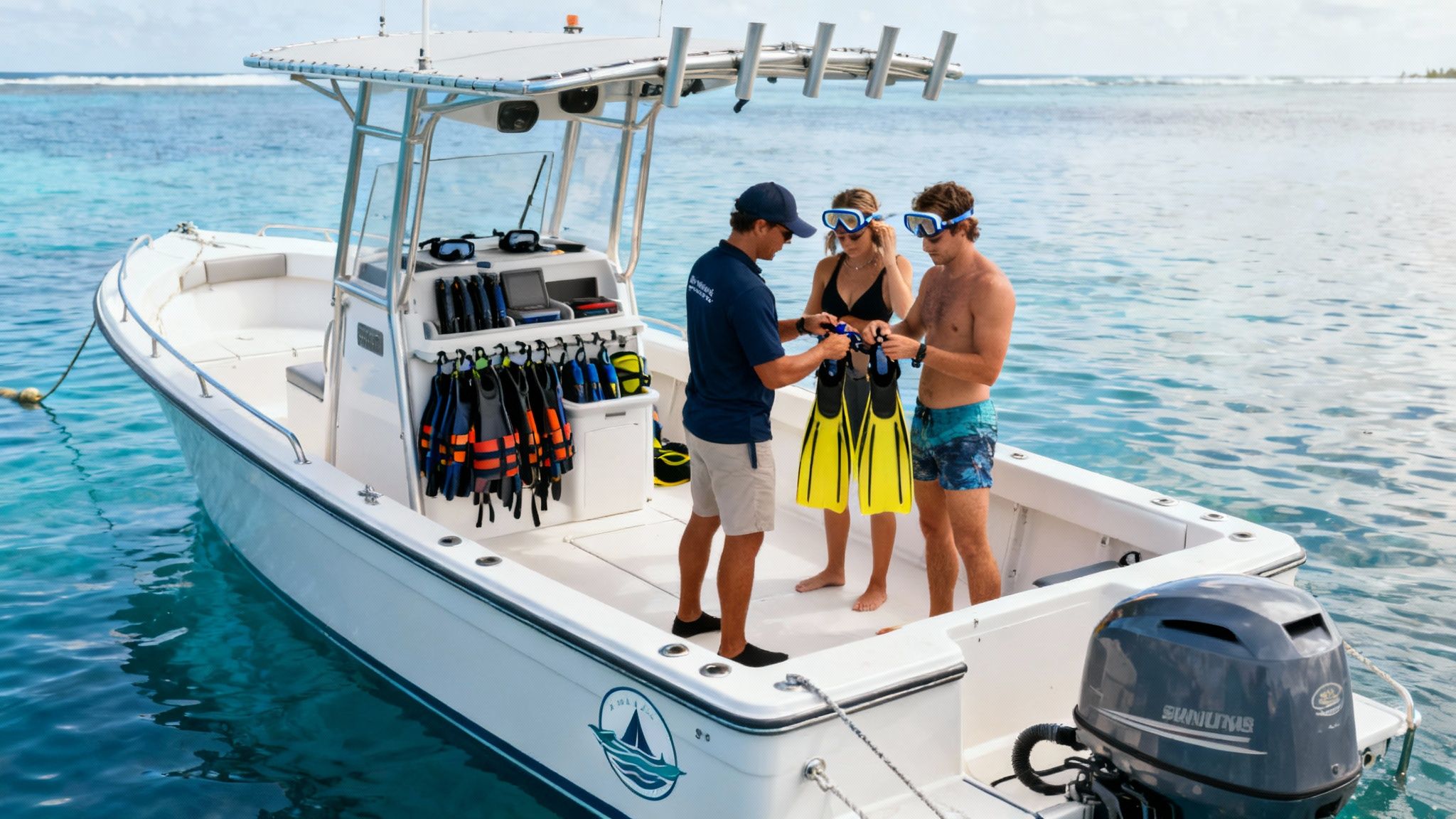 A boat guide helps a couple prepare for snorkeling with fins and masks in clear blue water.