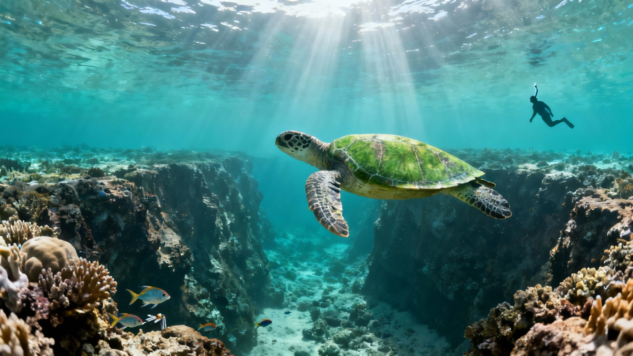 A vibrant underwater scene with a green sea turtle swimming over coral reefs, a snorkeler in the background, and sun rays.