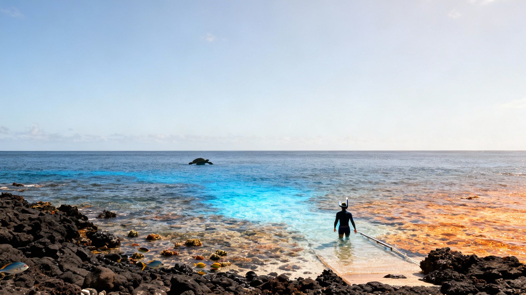 A snorkeler enters the clear ocean with a sea turtle and colorful coral reefs.