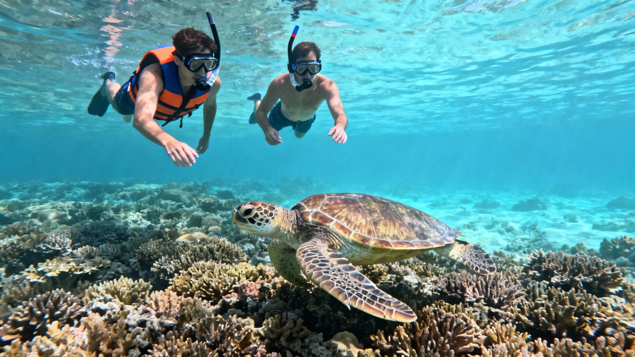 Two men snorkeling in clear blue water, one wearing a life vest, observe a sea turtle swimming over coral reefs.