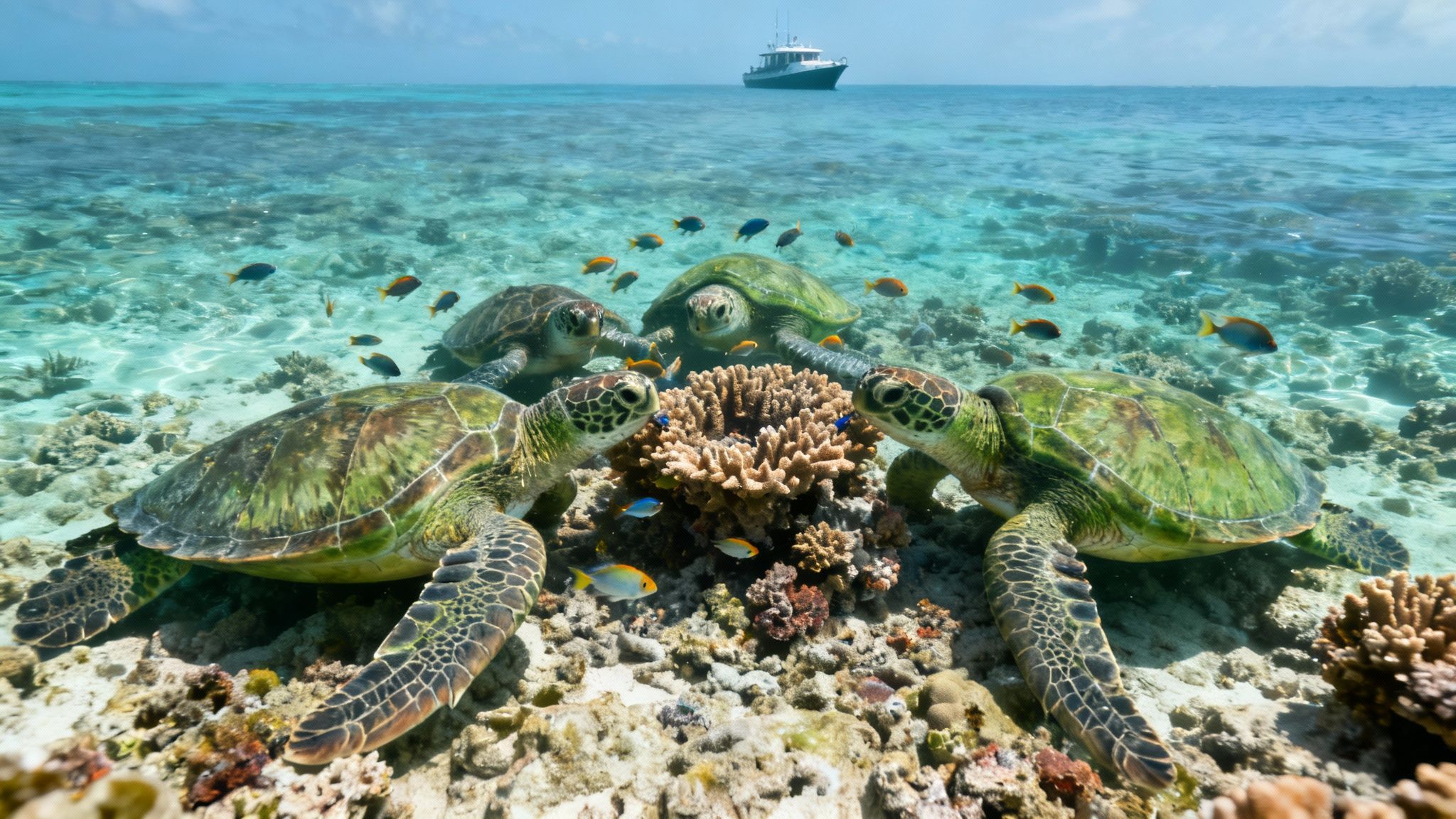 Four sea turtles gather around coral on a clear ocean floor with small fish and a boat.